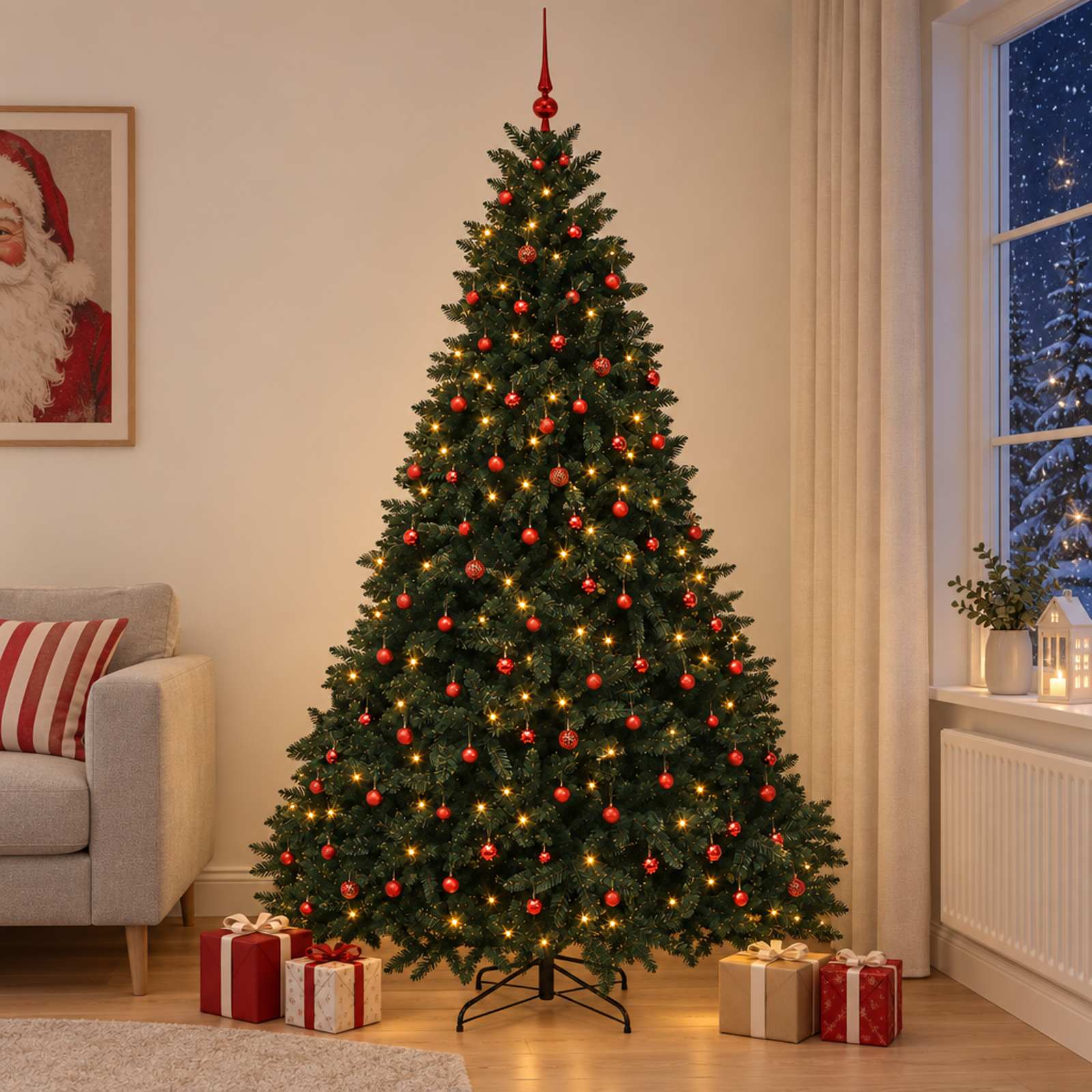 vidaXL Kunstigt juletræ mørkegrønt med julekugler 270 cm 600 LED'er