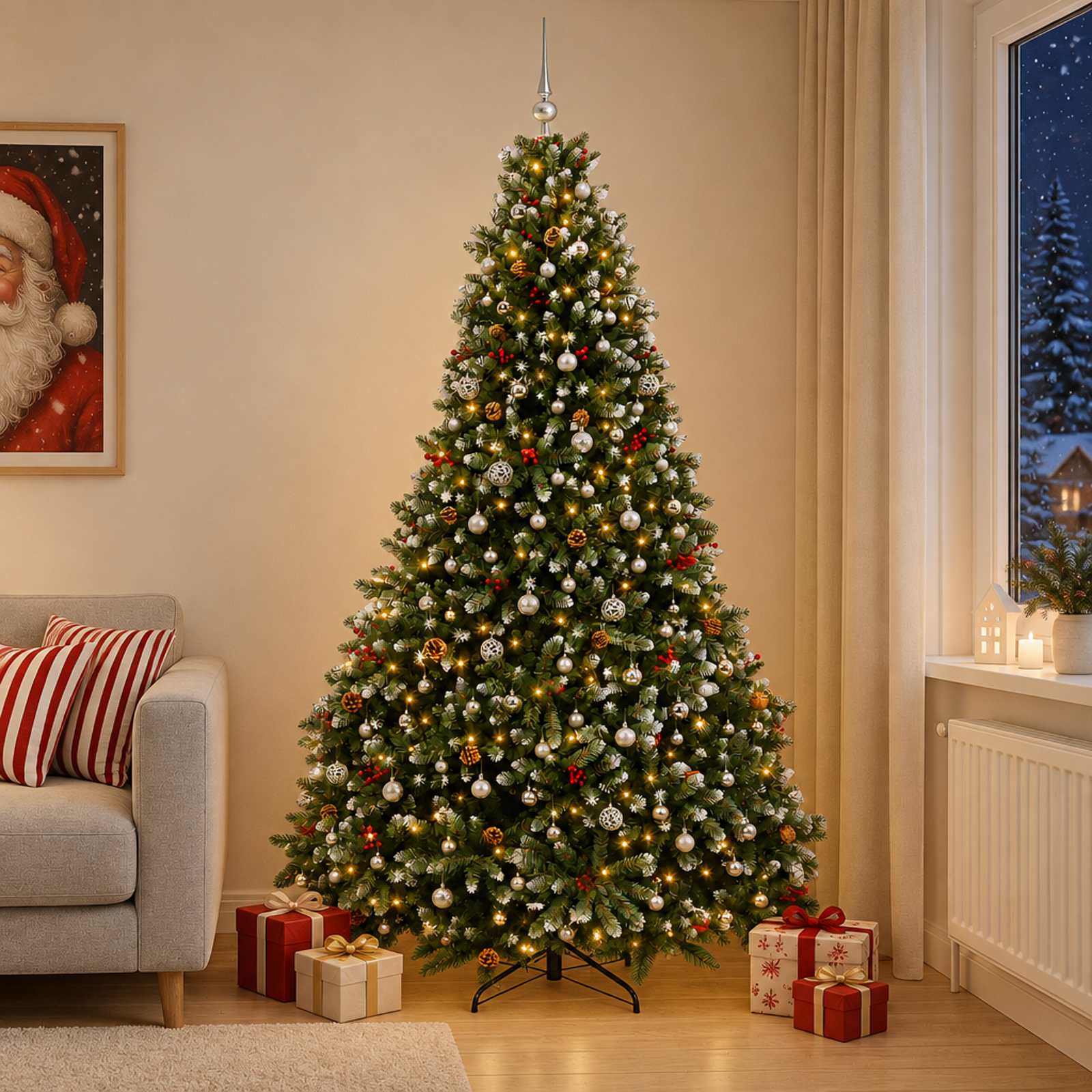 vidaXL Kunstigt juletræ grønt med julekugler 300 cm 600 LED'er