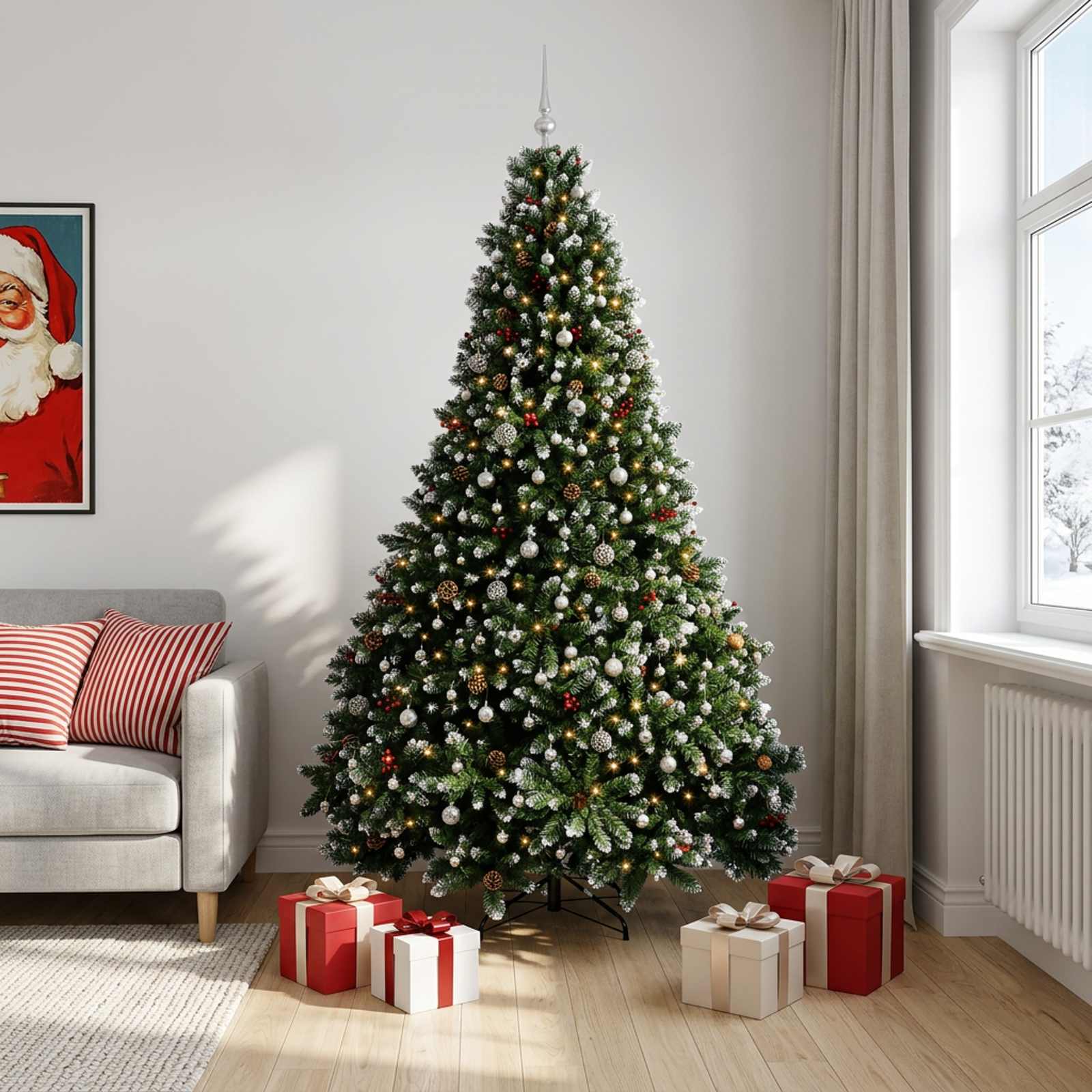 Umetna božična jelka zelena z okraski 300 cm 600 LED Toplo bela