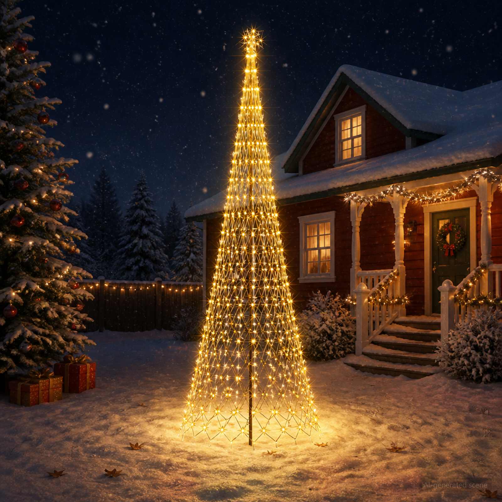 Illuminated steel Christmas tree with warm white lights, front view in a snowy yard.