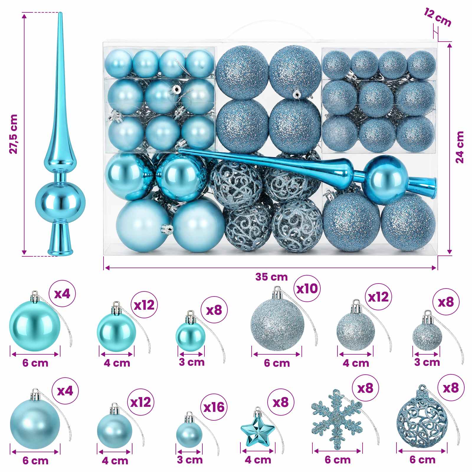 Komplet božičnih kroglic 111 kos Turkizna Premer 6 cm