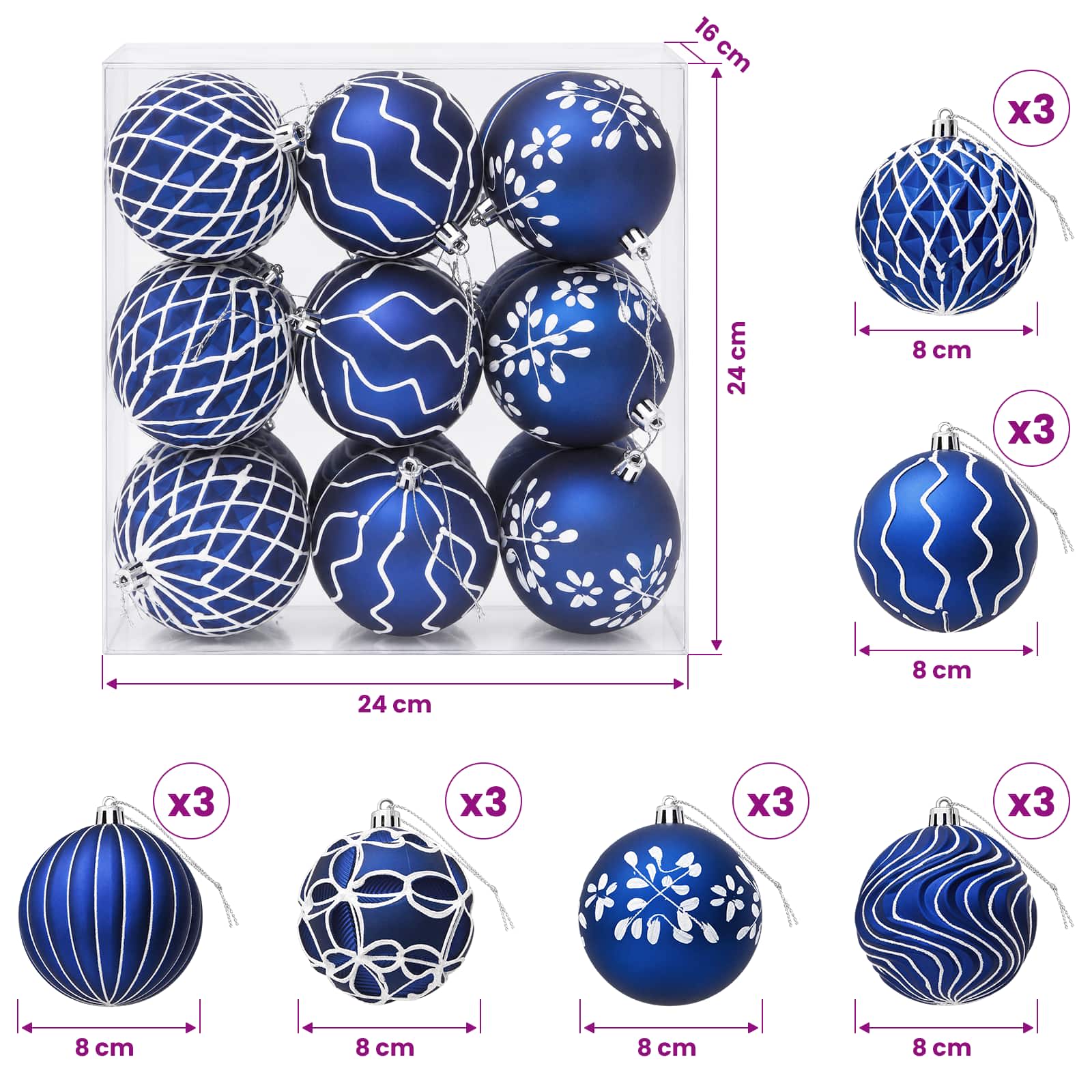 Set božičnih kroglic XL 18 kos Modra in bela 8 cm Polistiren