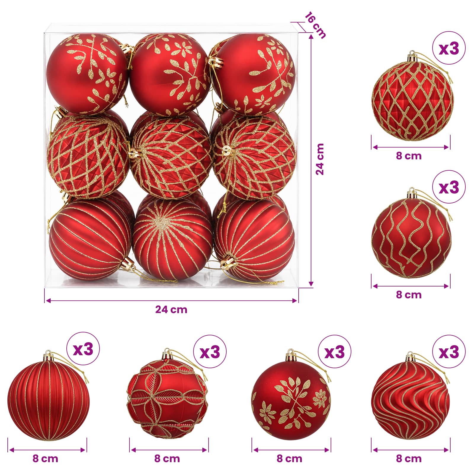 Set božičnih kroglic XL 18 kos Rdeča in zlata 8 cm Polistiren