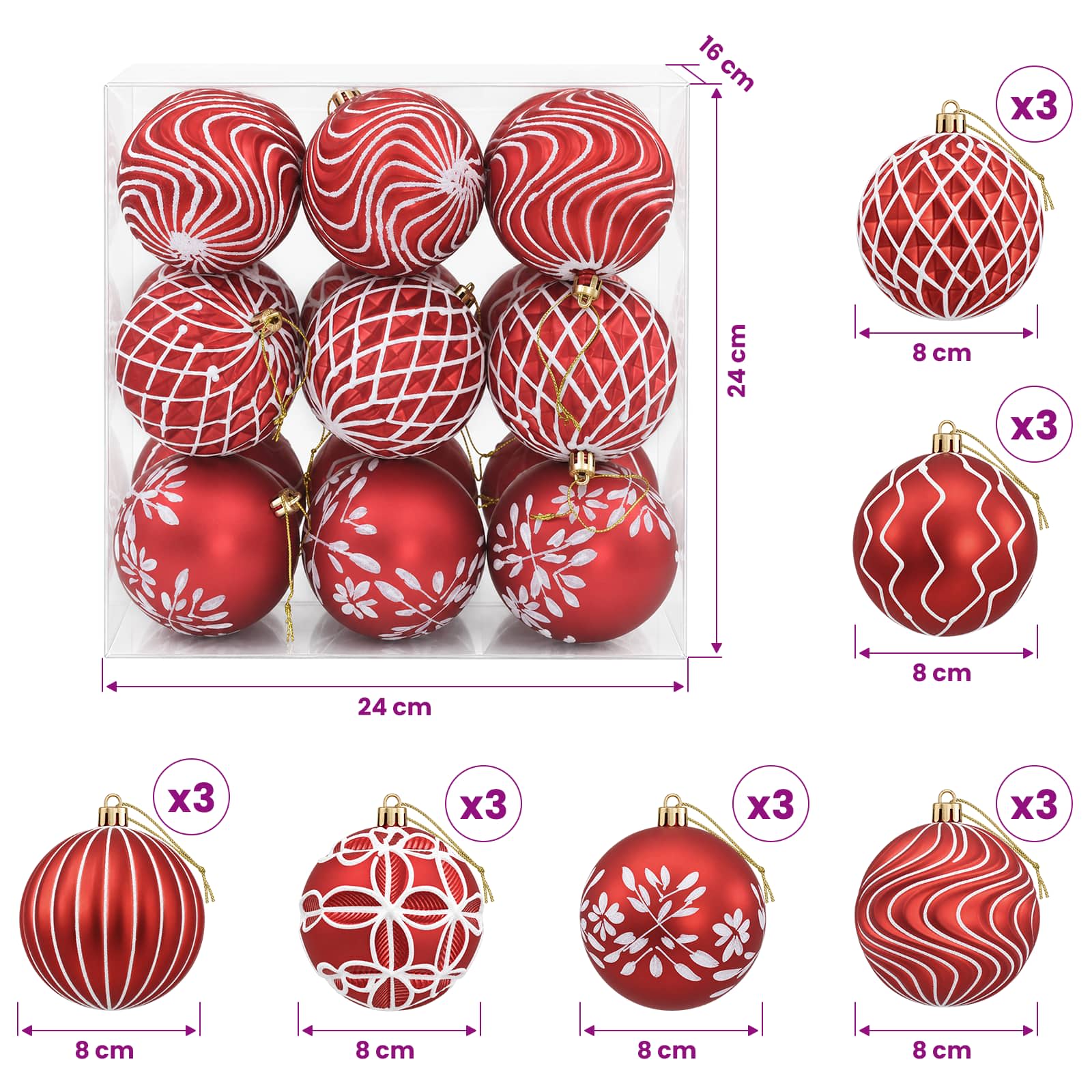 Set božičnih kroglic XL 18 kos Rdeča in bela 8 cm Polistiren