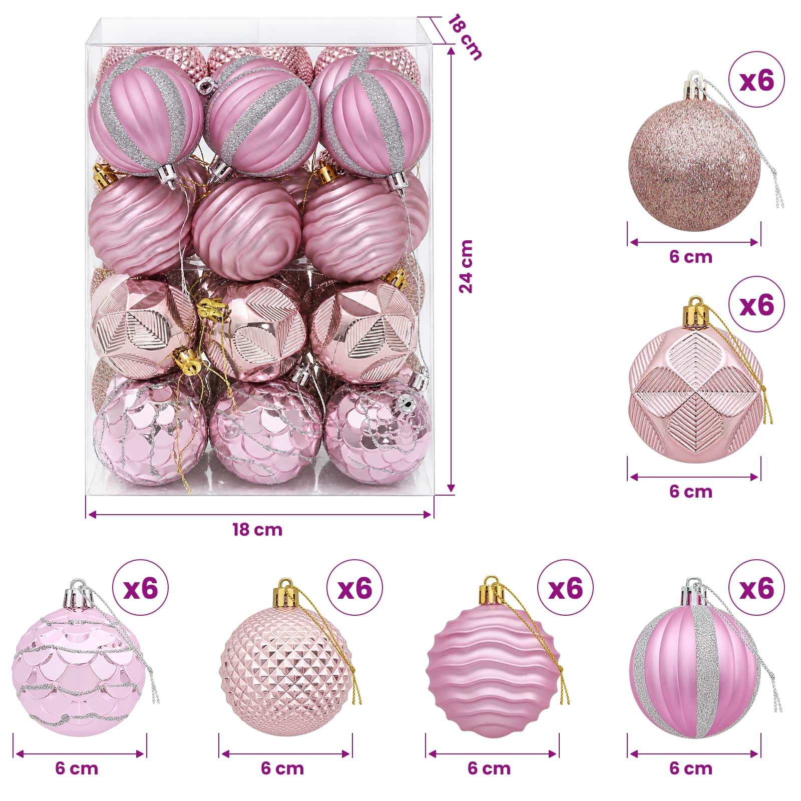 Komplet božičnih kroglic 36 kos Roza 6 cm Polistiren