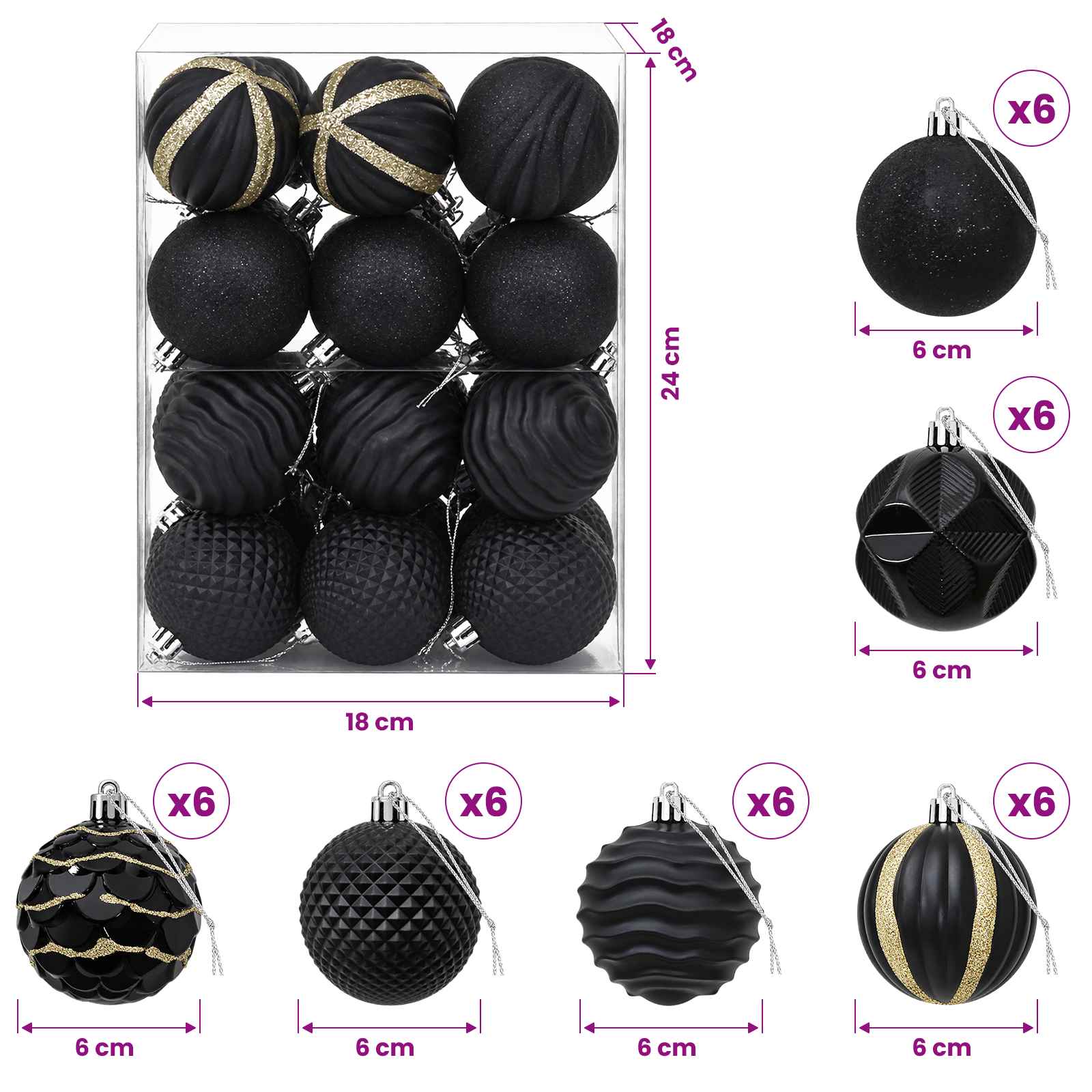 Komplet božičnih kroglic 36 kos Črna 6 cm Polistiren
