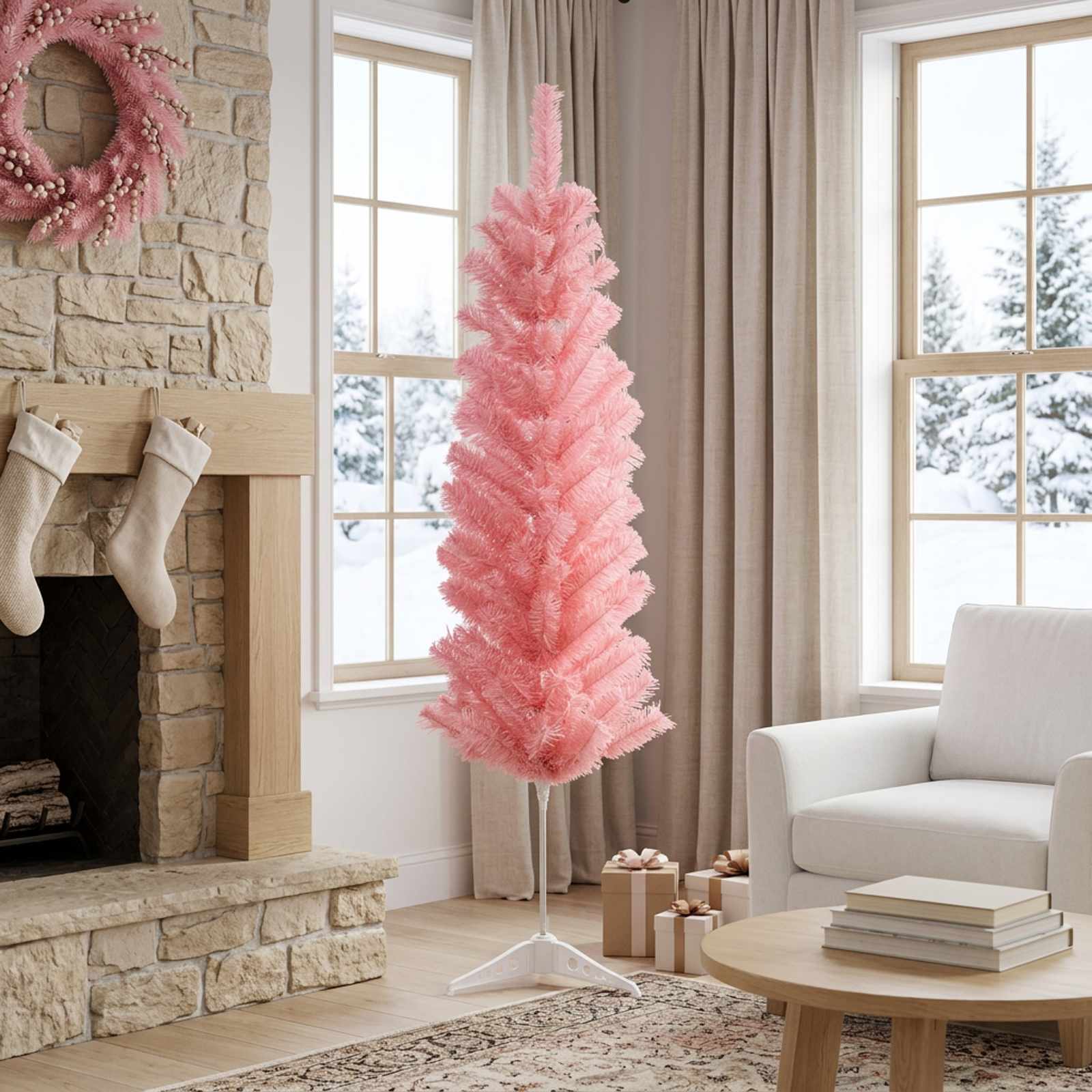 vidaXL Künstlicher schlanker Weihnachtsbaum 120 cm PVC und Stahl Rosa