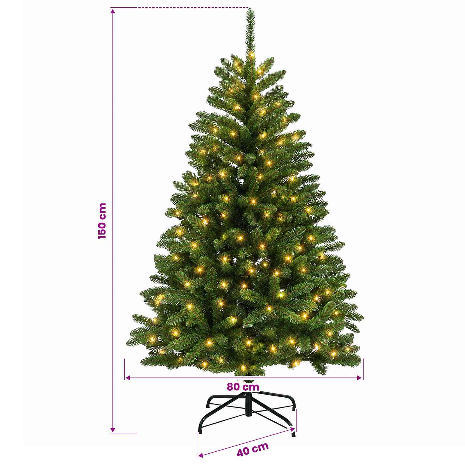 Artificial Hinged Christmas Tree 150 LEDs Warm size guide