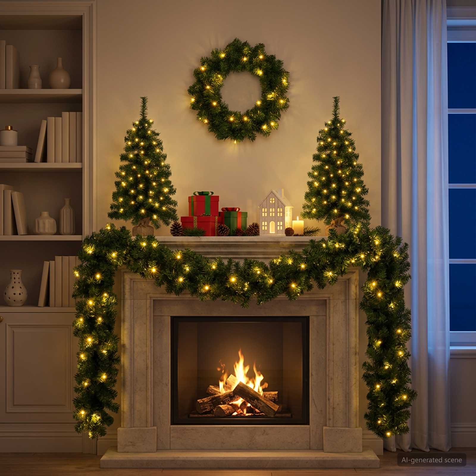Juledekorationssæt med 2 mini juletræer, krans og guirlande - 125 LED