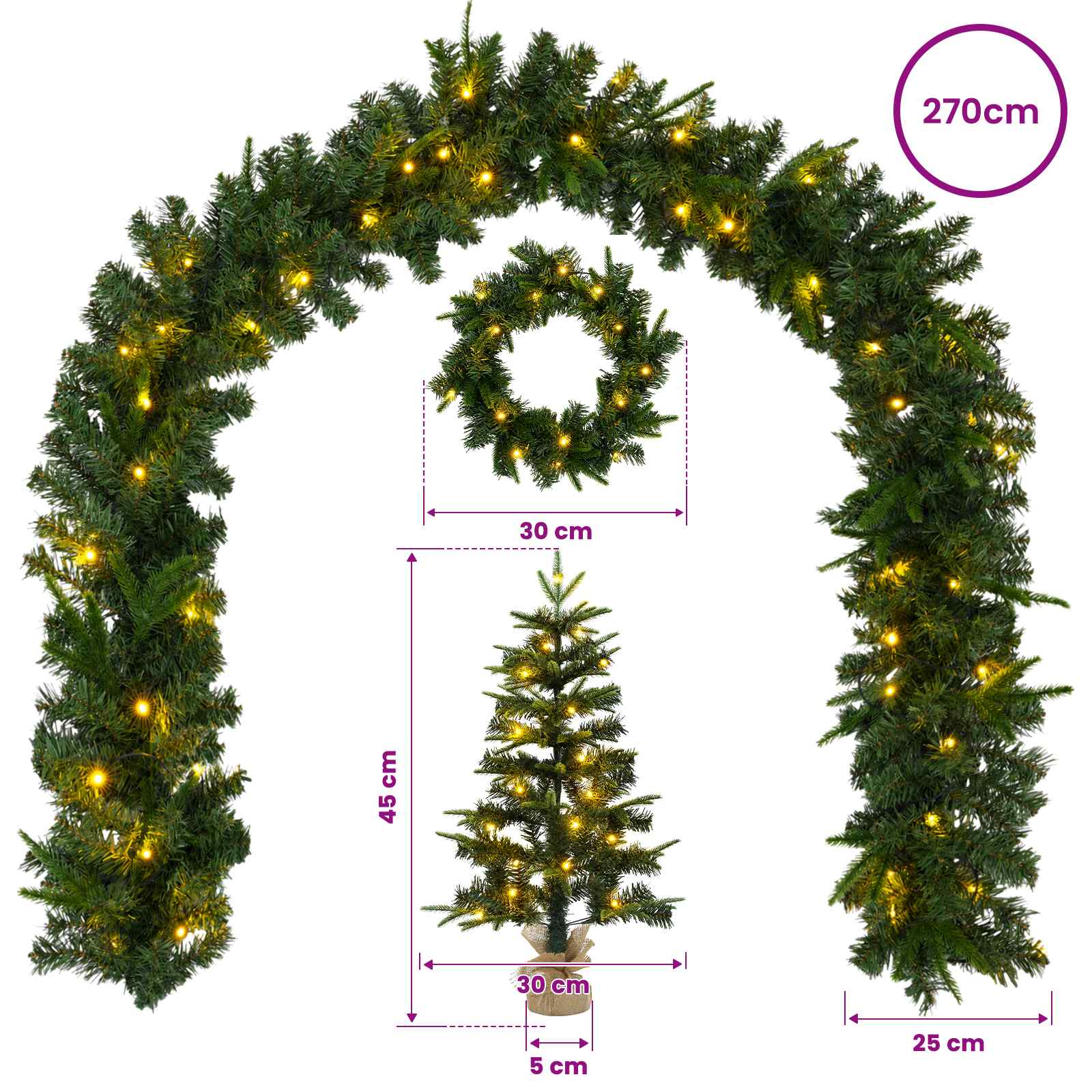 Mini Christmas Tree Set 125 LEDs Warm size guide
