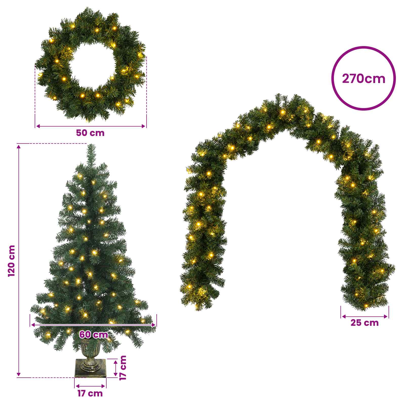 Mini Christmas Tree Set 275 LEDs Warm size guide
