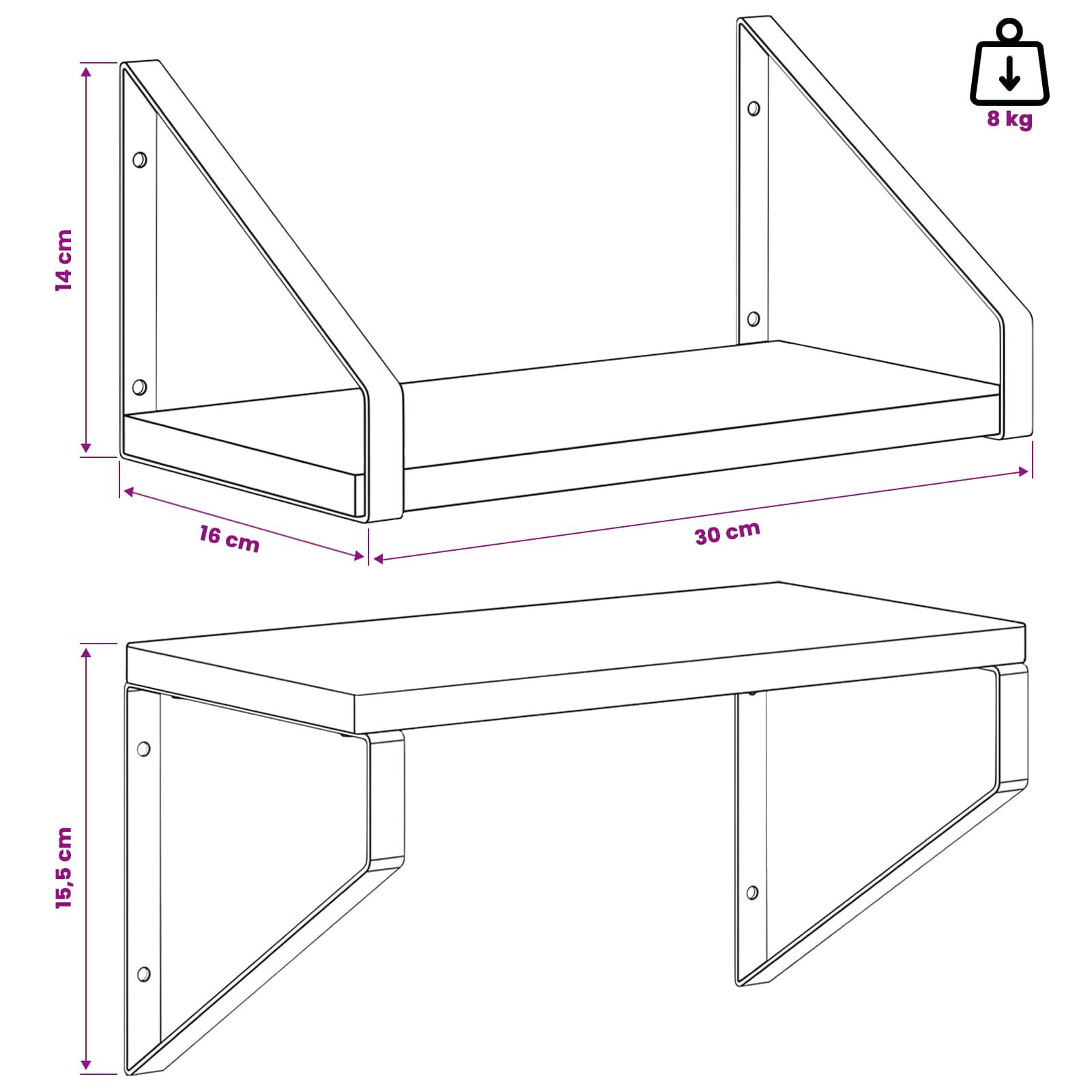 Stenske police 2 kos Bela 30 x 16 x 15,5 cm