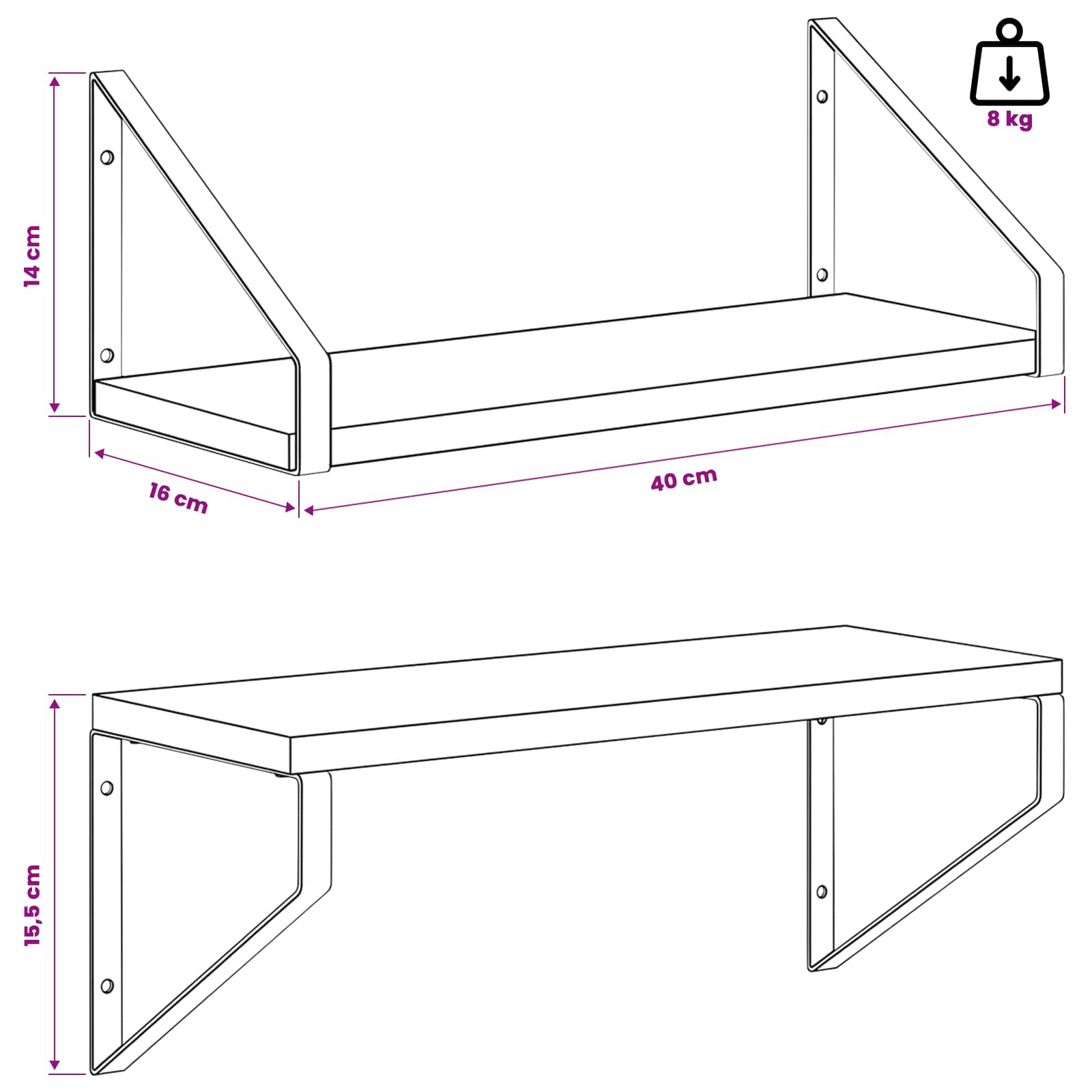 Stenske police 4 kos Bela 40 x 16 x 15,5 cm