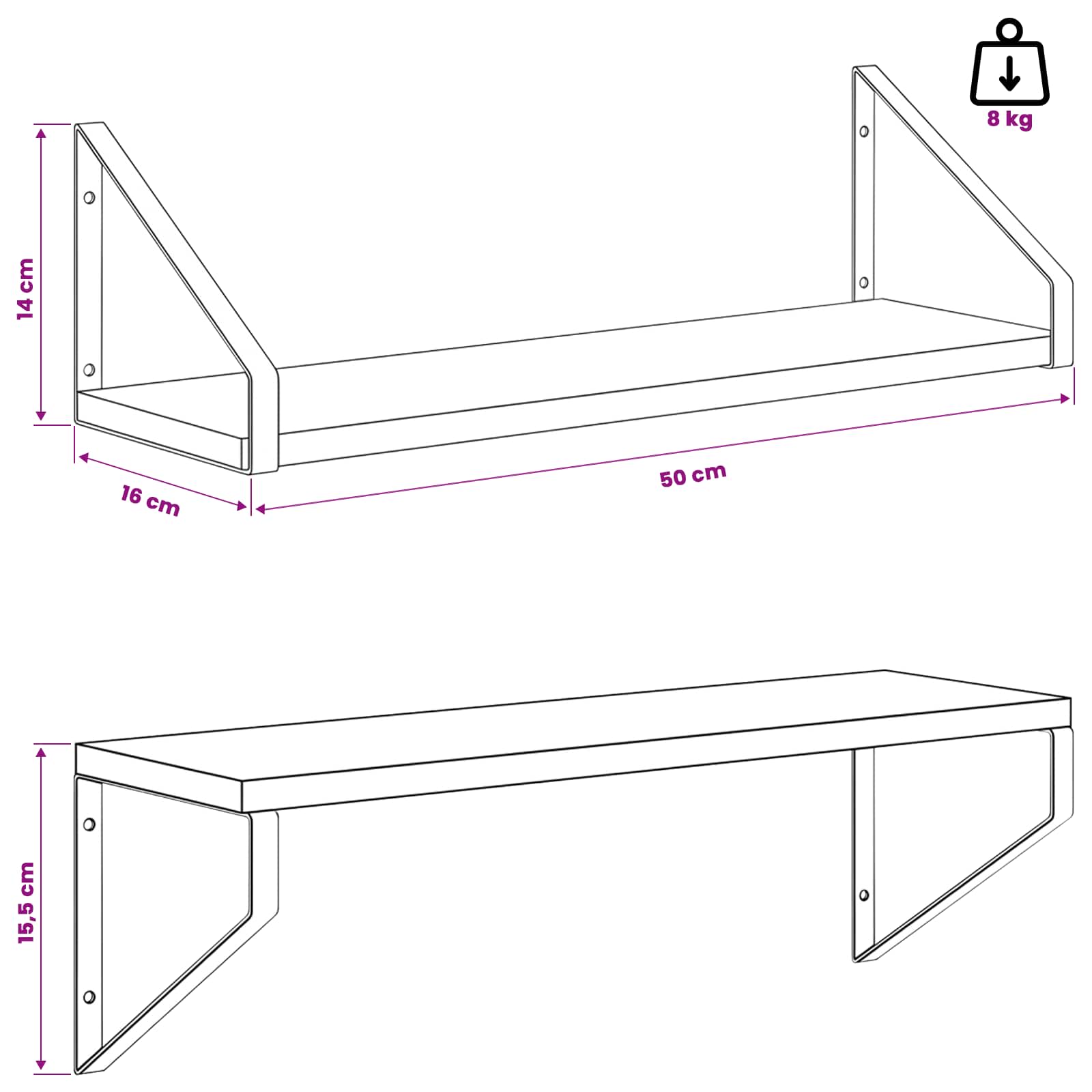 Stenske police 2 kos Dimljen hrast 50 x 16 x 15,5 cm