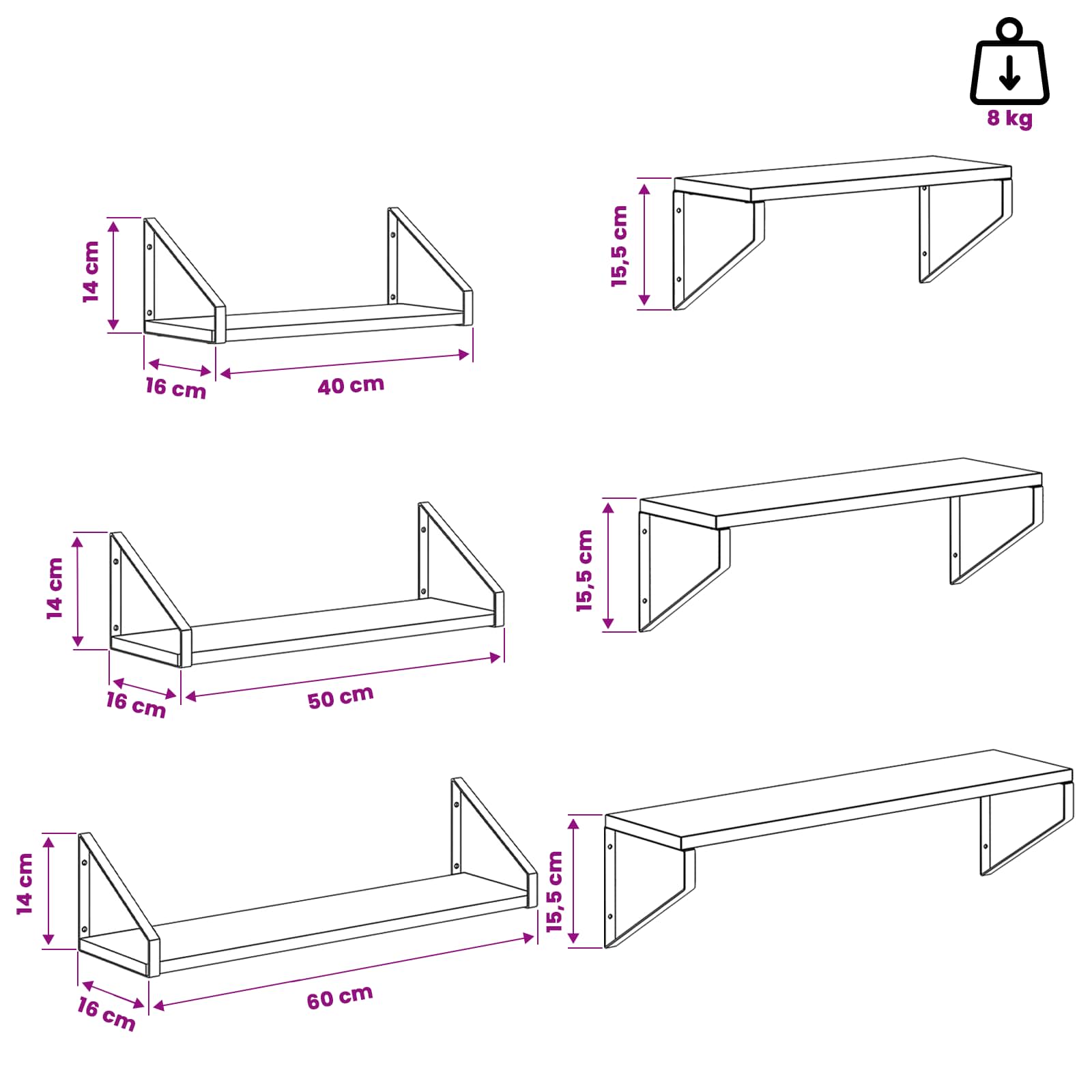 Stenske police 3 kos Dimljen hrast 60 x 16 x 15,5 cm