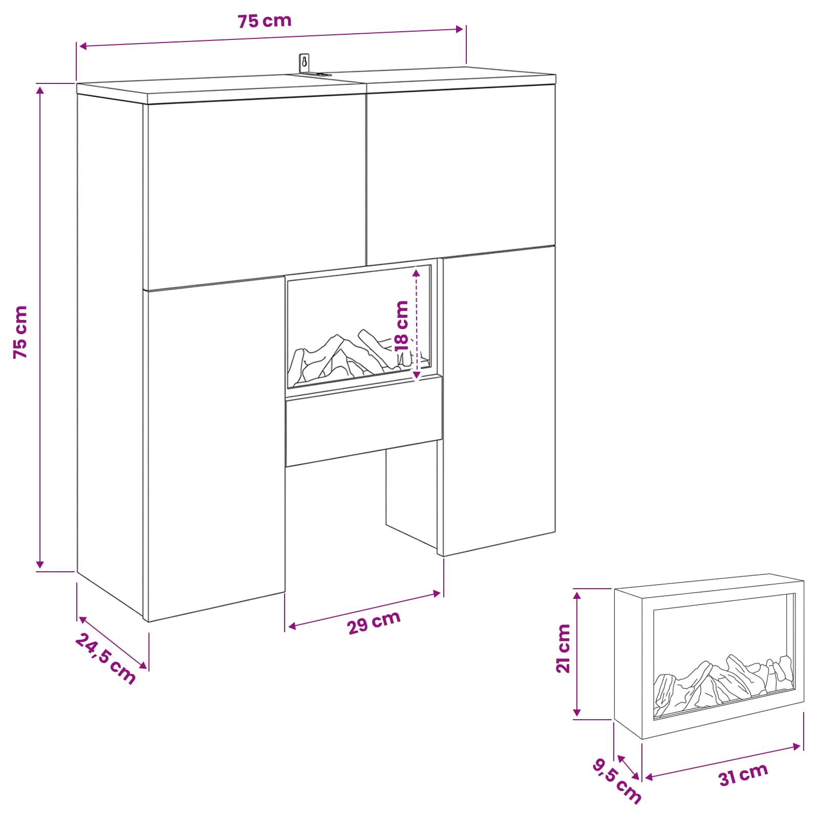 Električni kamin Beton 75 x 24,5 x 75 cm Inženirski les