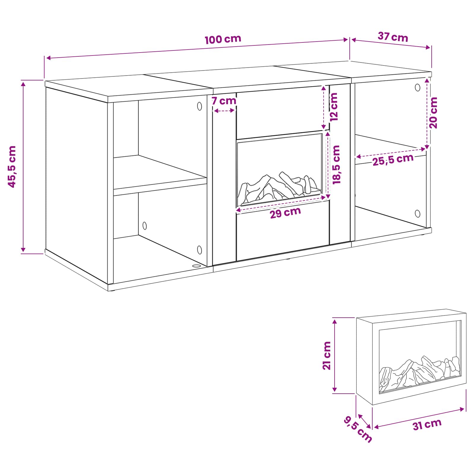Električni kamin Dimljen hrast 100 x 37 x 45,5 cm