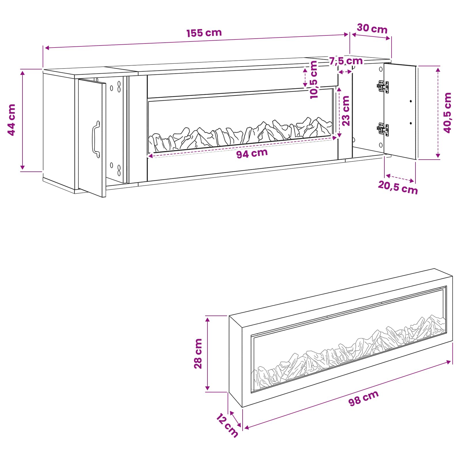 Električni kamin Beton 155 x 30 x 44 cm Inženirski les