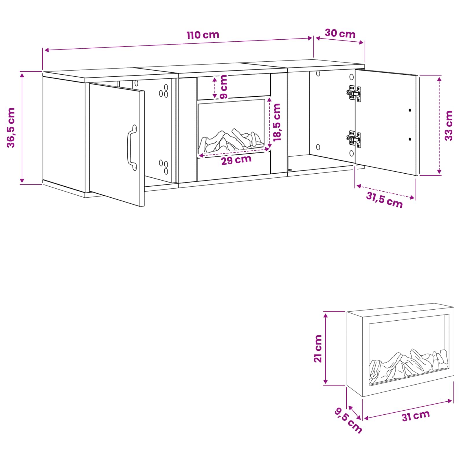 Električni kamin Bela 110 x 30 x 36,5 cm Inženirski les