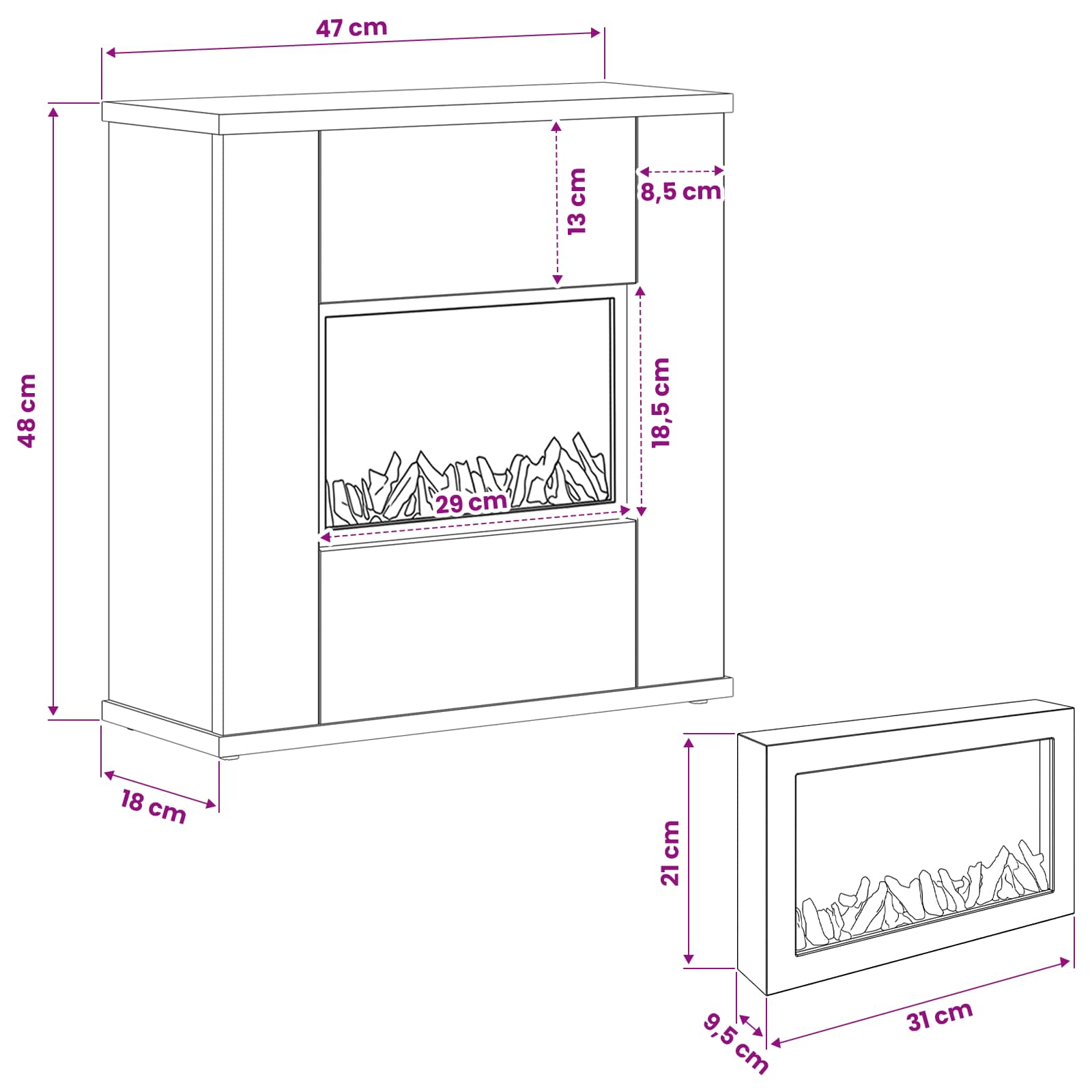 Električni kamin Siva Sonoma 47 x 18 x 48 cm Inženirski les
