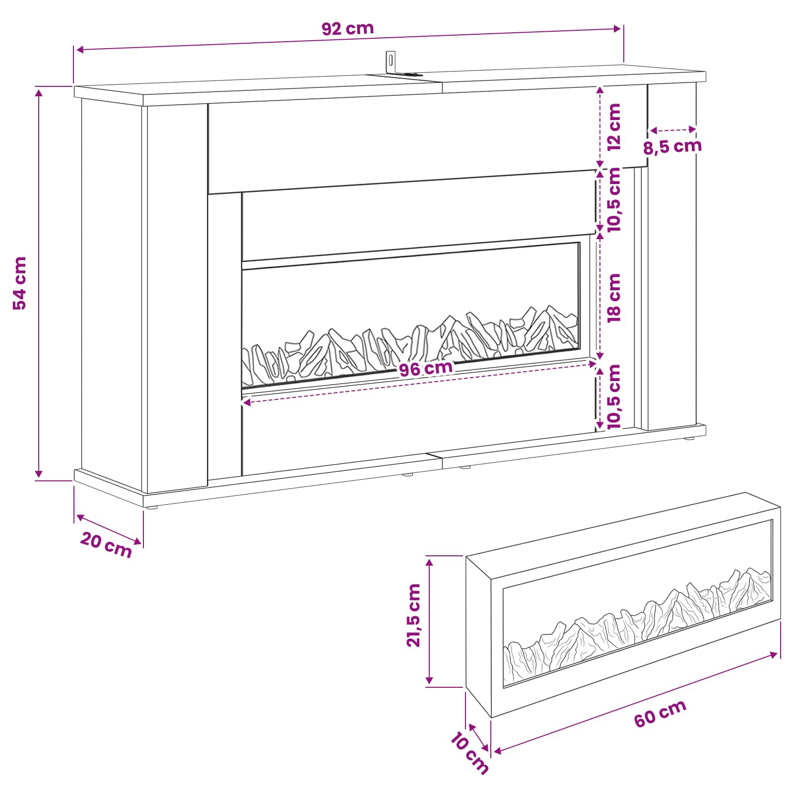 Kamin z LED-trakom Črni hrast 92 x 20 x 54 cm Inženirski les