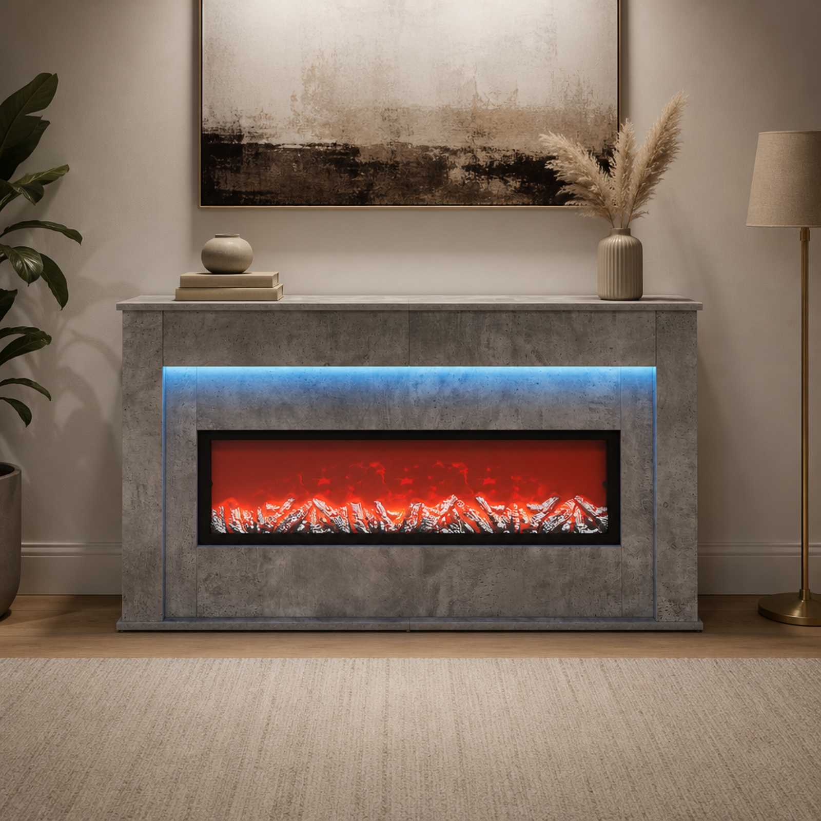 Kamin z LED-trakom Beton 130 x 20 x 69,5 cm Inženirski les