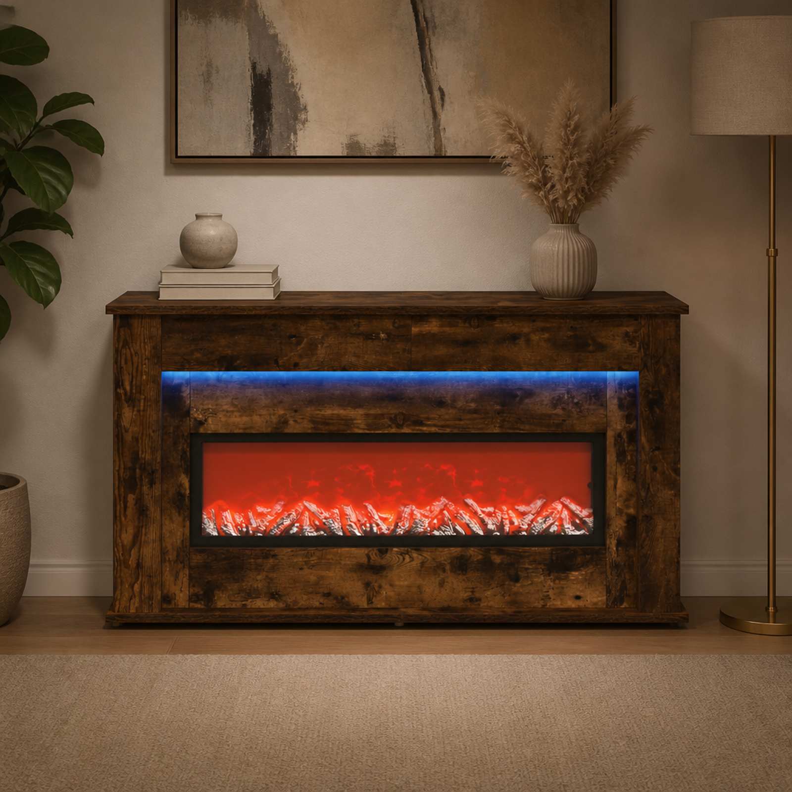 Kamin z LED-trakom Dimljen hrast 130 x 20 x 69,5 cm