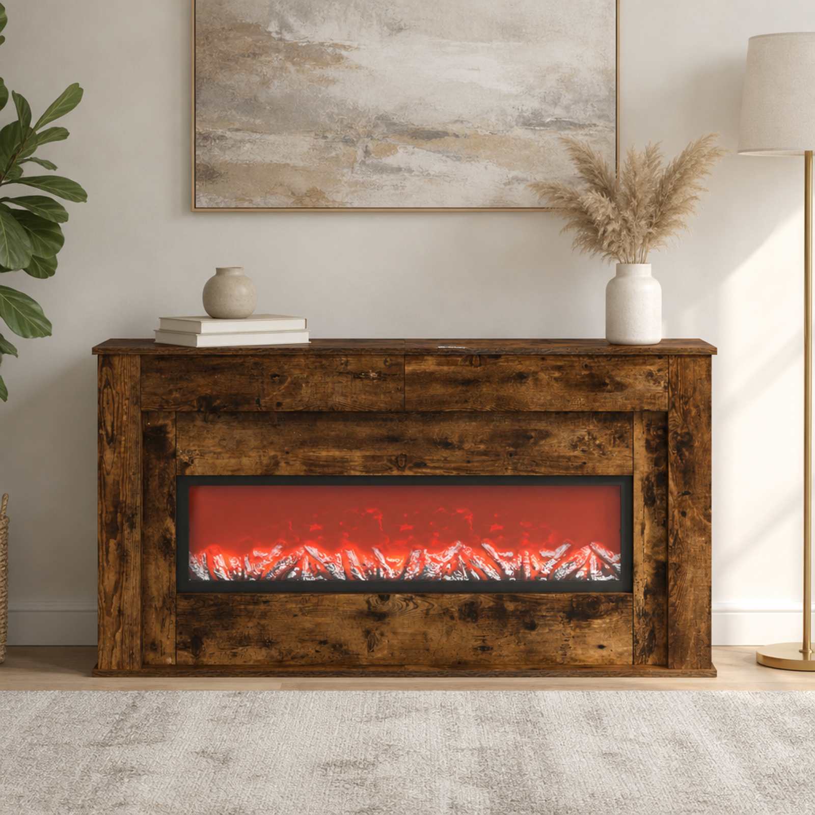 Kamin z LED-trakom Dimljen hrast 130 x 20 x 69,5 cm