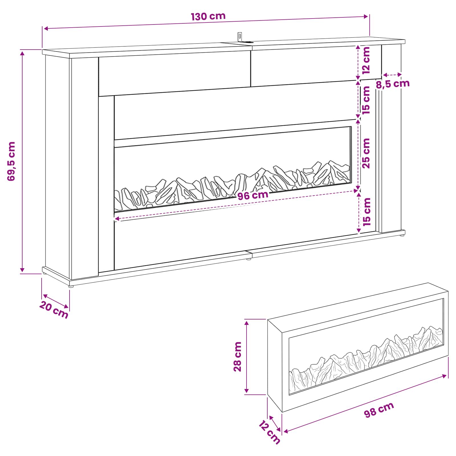 Kamin z LED-trakom Siva Sonoma 130 x 20 x 69,5 cm