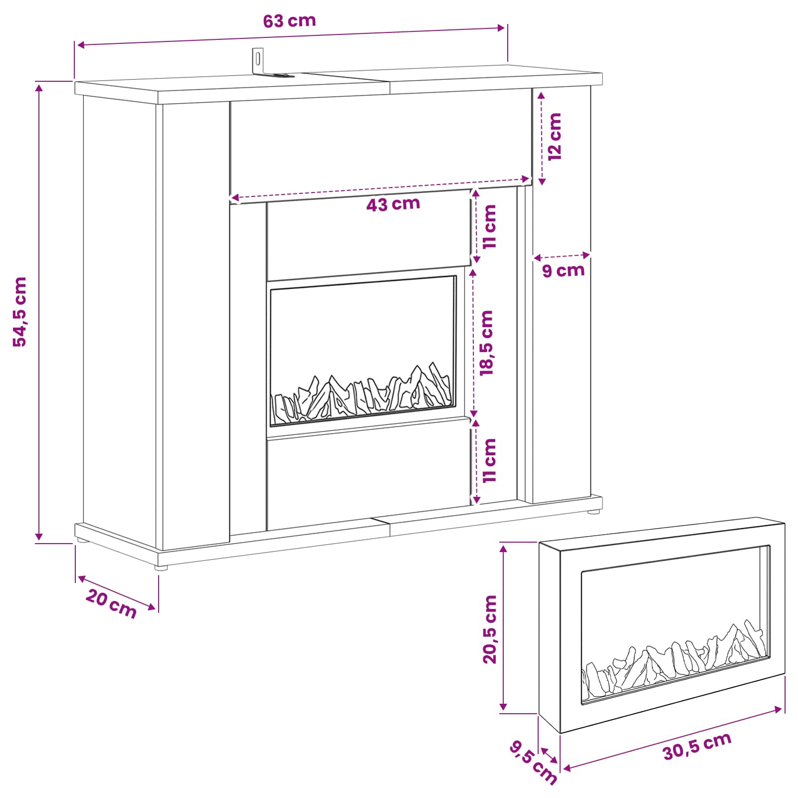 Kamin z LED-trakom Črni hrast 63 x 20 x 54,5 cm Inženirski les