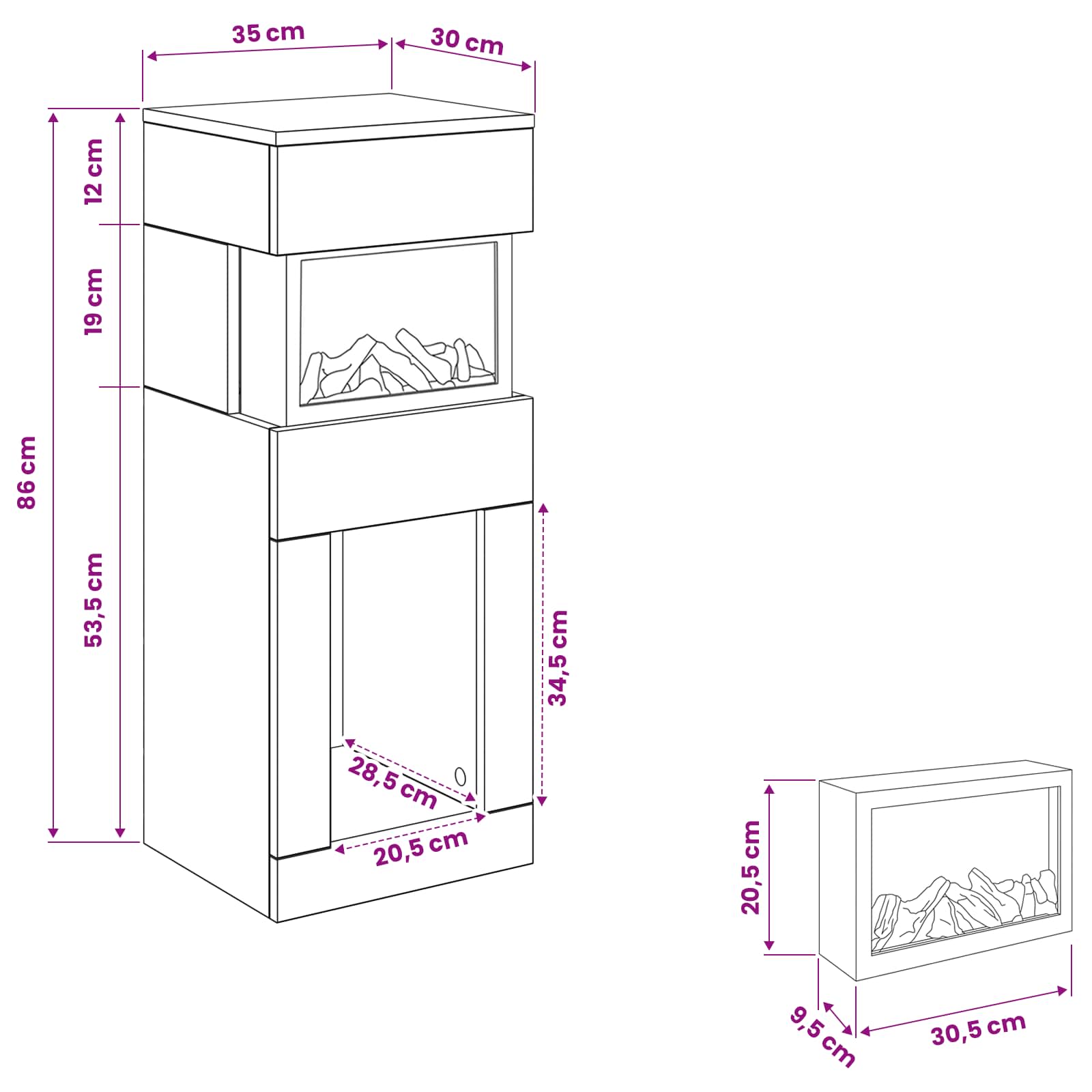 Električni kamin Siva Sonoma 35 x 30 x 86 cm Inženirski les