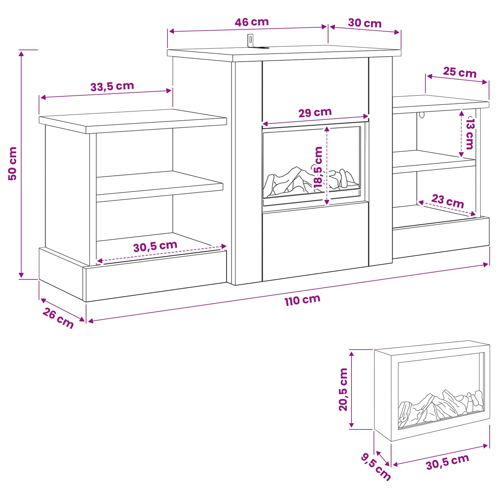 Električni kamin Siva Sonoma 110 x 30 x 50 cm Inženirski les