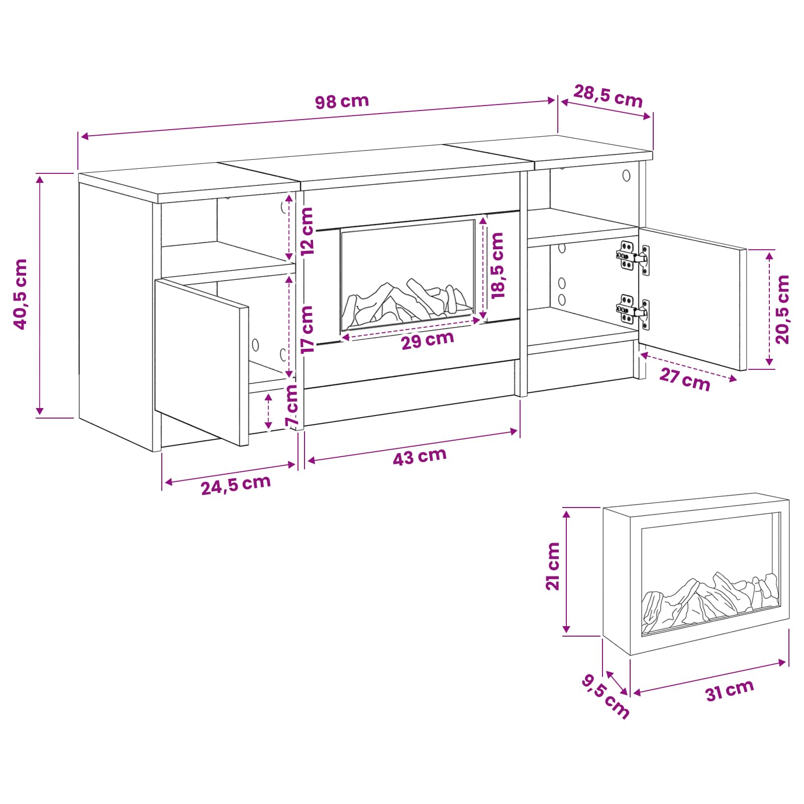 Električni kamin Bela 98 x 28,5 x 40,5 cm Inženirski les