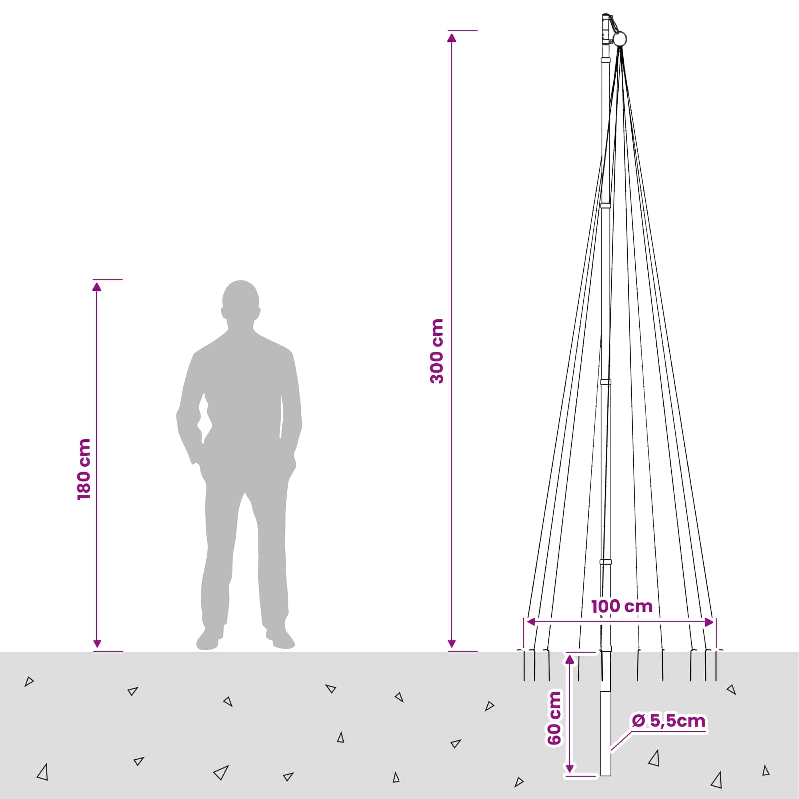 Božične lučke za drevo s količkom in drogom za zastavo 300 cm