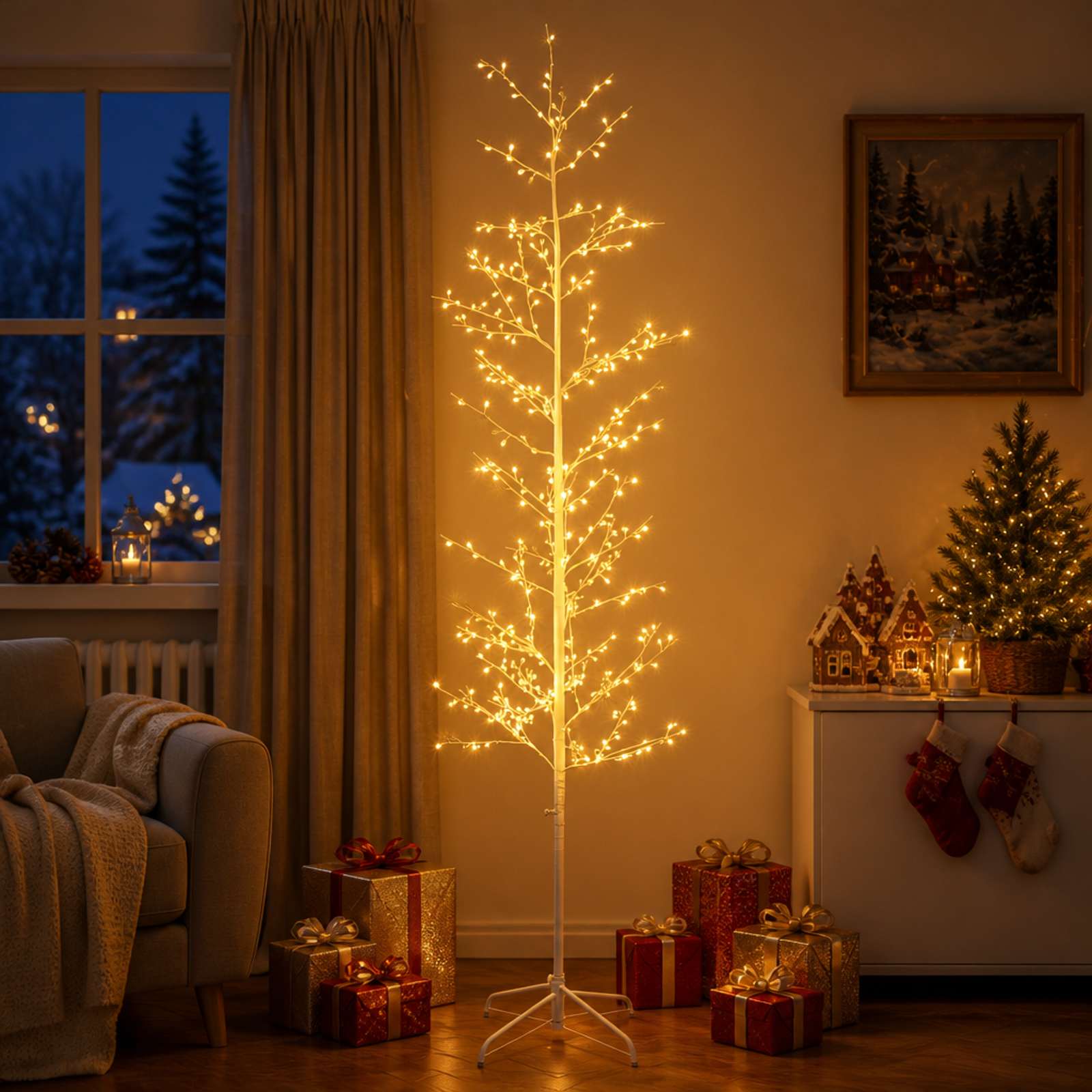 Micro berken kerstboom Wit 47 x Staal 567 LED's – Wit (warmwit) · 210 cm