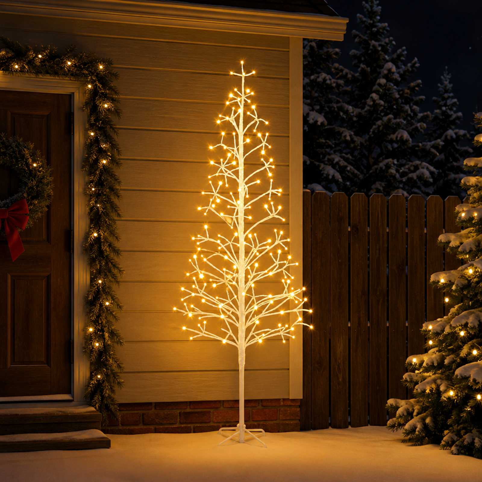 White LED string Christmas tree with 228 lights, standing outdoors in a snowy scene.
