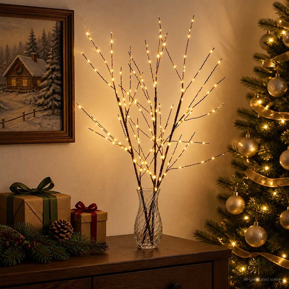 LED-kobbergrene som juledekoration 3 stk. Brun 62 cm Stål
