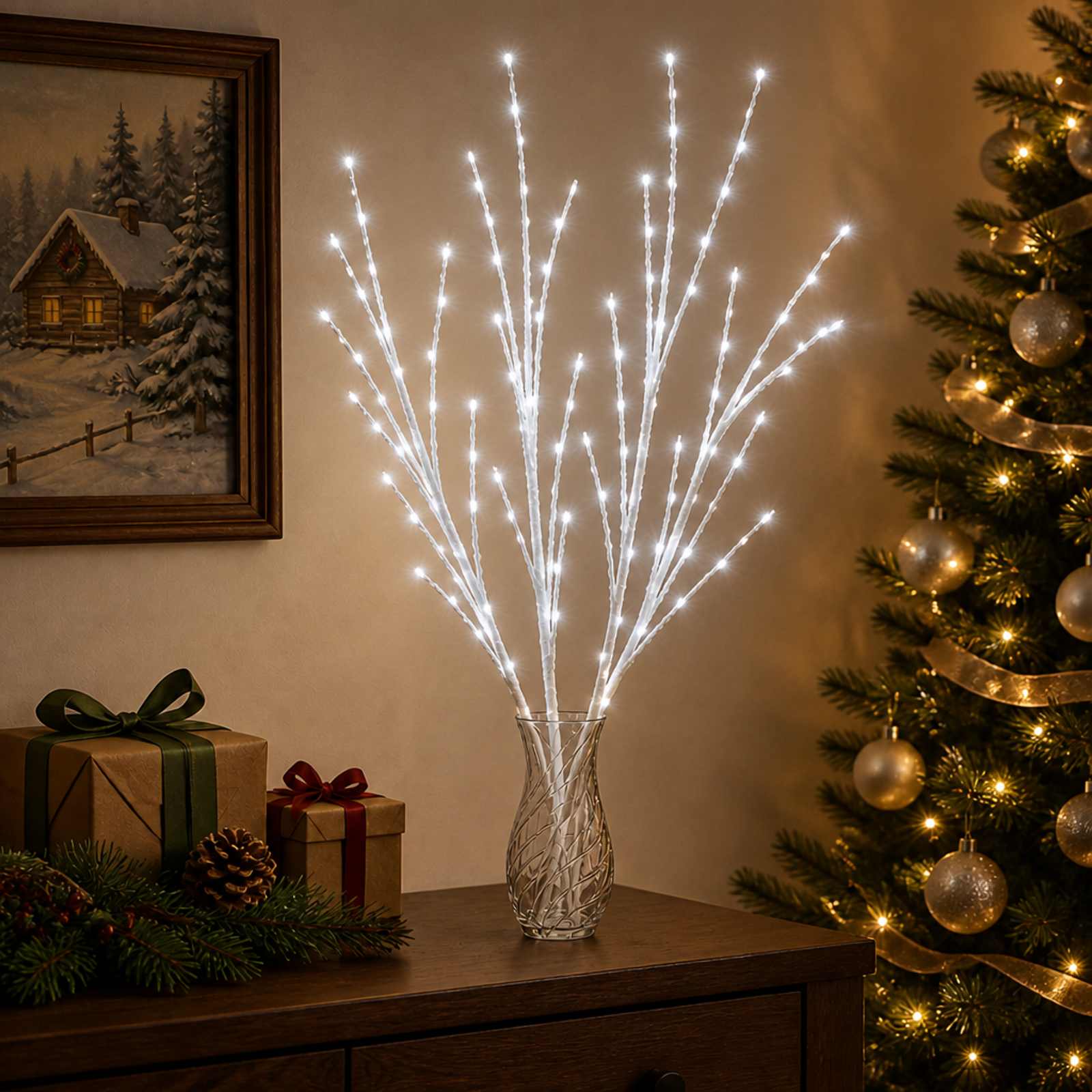 LED božična dekoracija bakrene veje 3 kos Bela 62 cm Jeklo