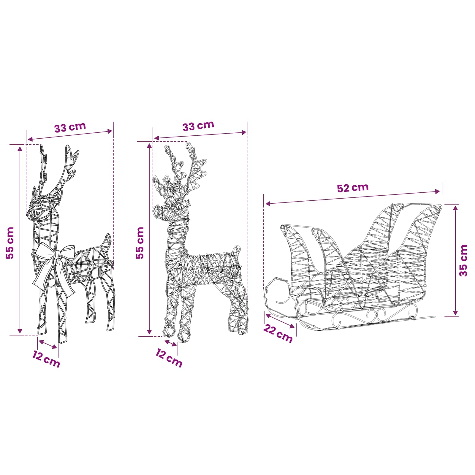 Christmas Reindeer with sleigh 240 LEDs Warm size guide