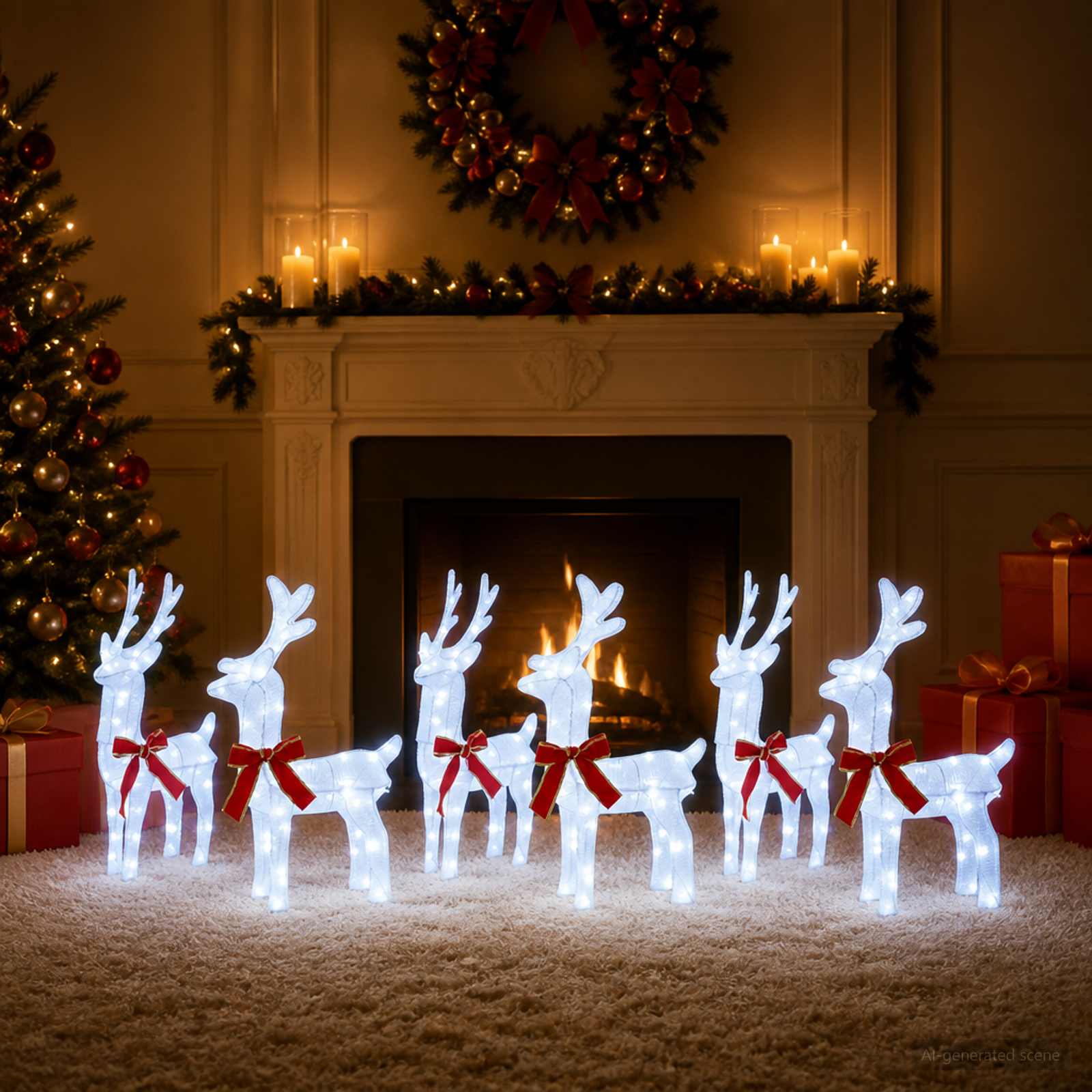 Six illuminated reindeer figures with red bows, arranged in front of a fireplace with candles and a wreath above.