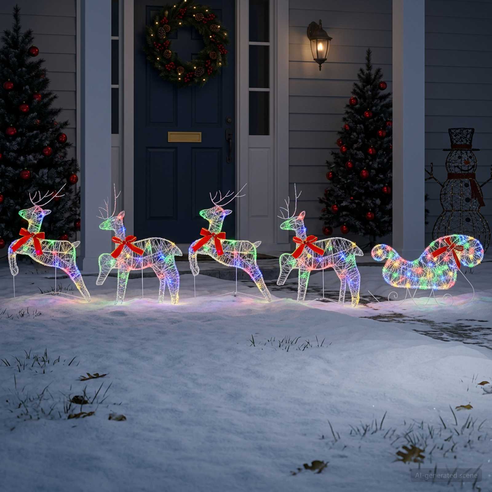 Božični jelen s sanmi 5 kos 100 LED Večbarvno 43 x 19 x 65 cm