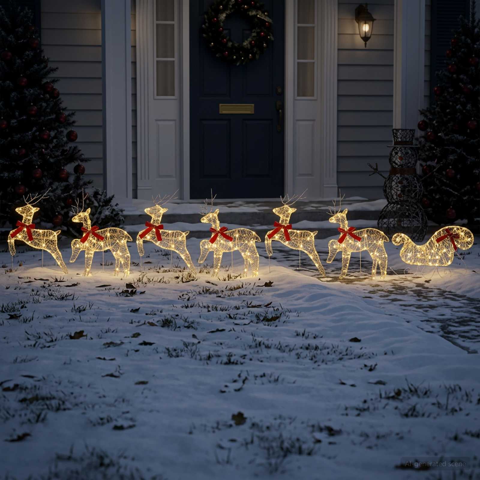 Božični jelen s sanmi 7 kos 140 LED Toplo bela 43 x 19 x 65 cm