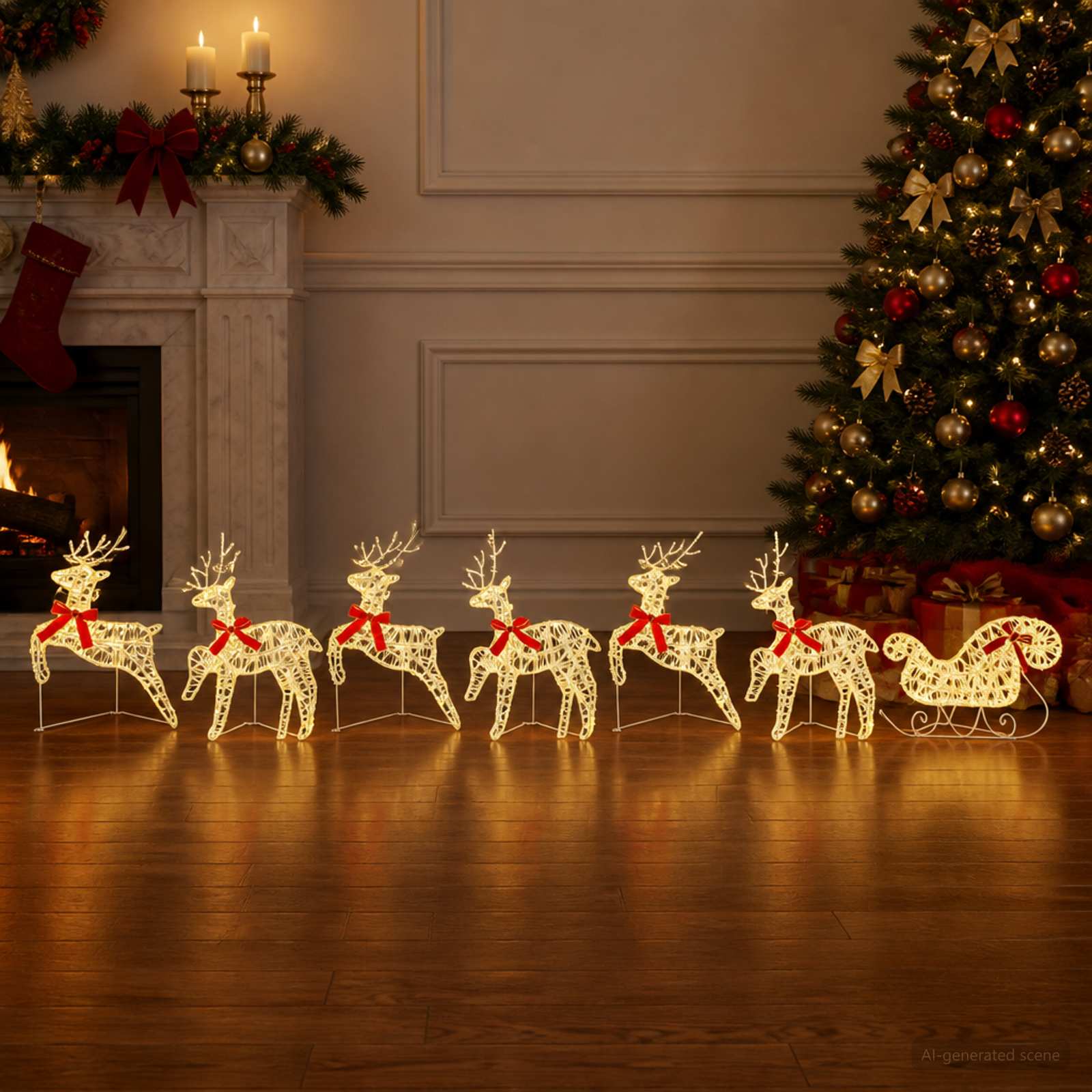 Božični jelen s sanmi 7 kos 140 LED Toplo bela 43 x 19 x 65 cm