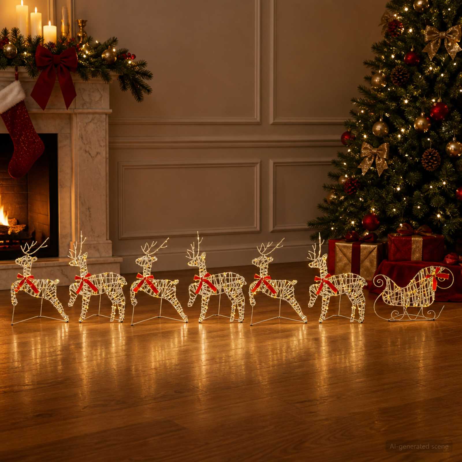 Božični jelen s sanmi 7 kos 140 LED Toplo bela 43 x 19 x 65 cm