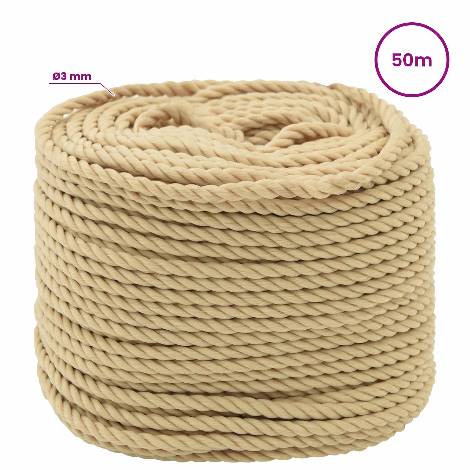Večnamenska uporabna vrv 3 mm 50 m Naravna PP