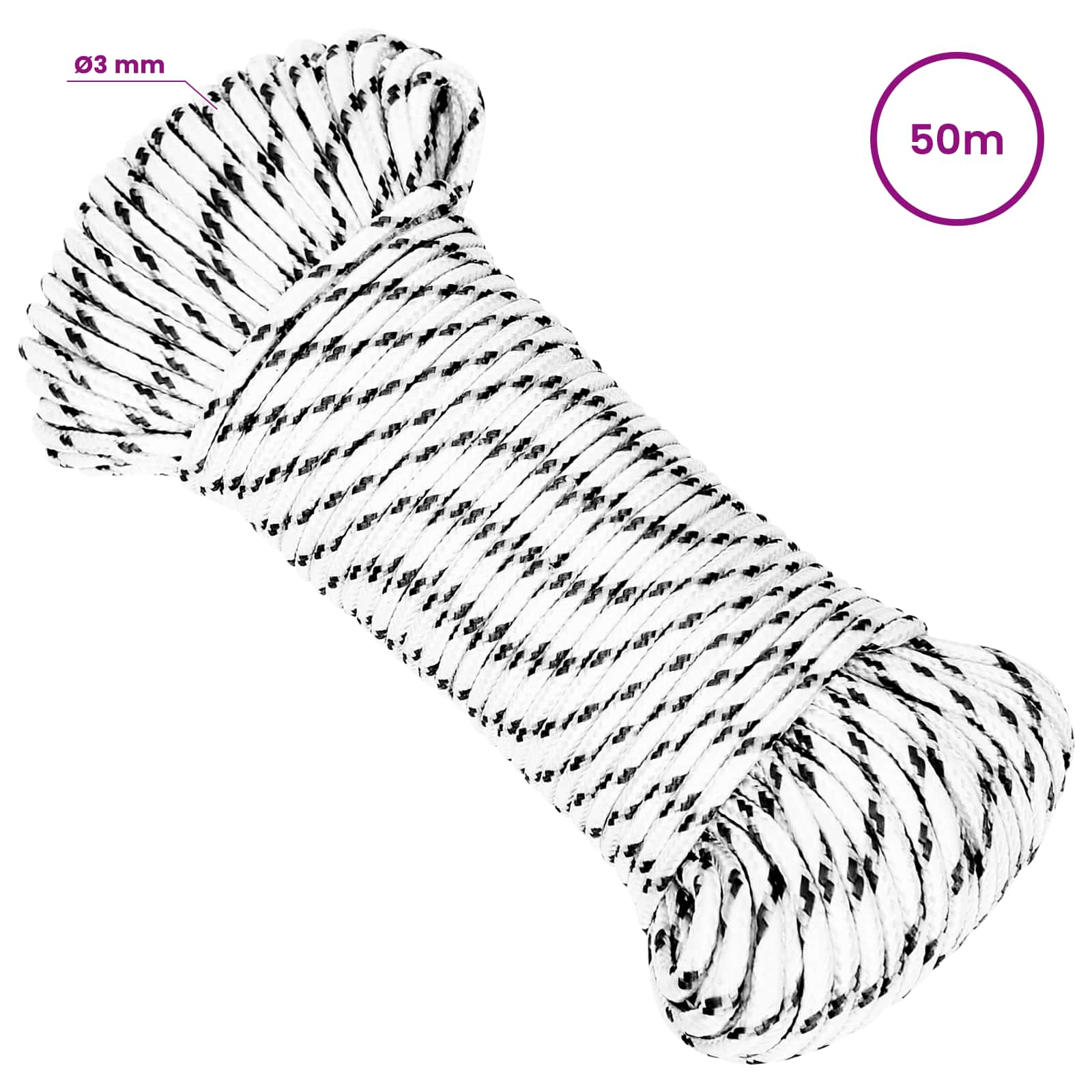 vidaXL Mehrzweck-Allzweckseil 3 mm 50 m Weiß Polyester – Bild 6