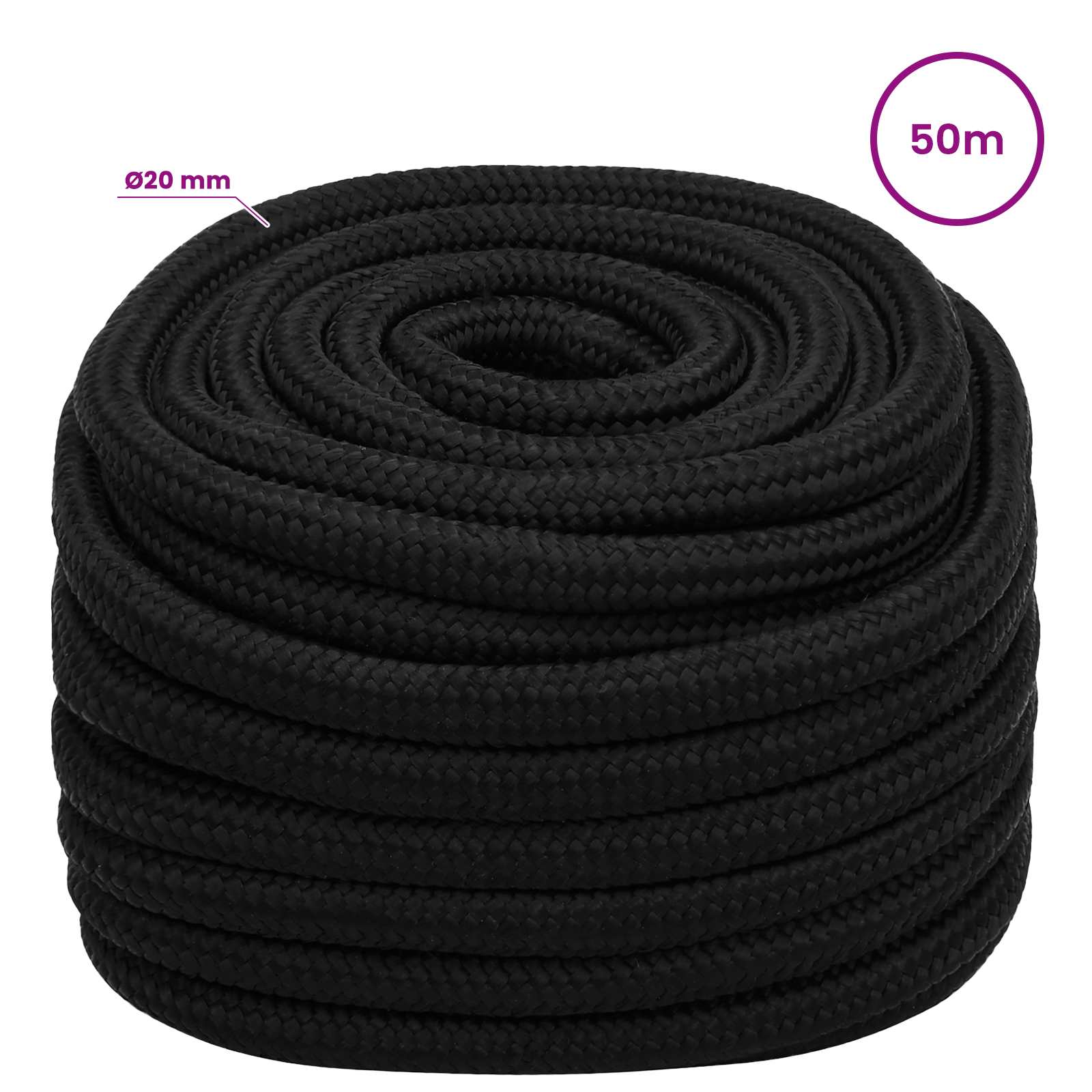 vidaXL Mehrzweck-Allzweckseil 20 mm 50 m Schwarz Polyester – Bild 6