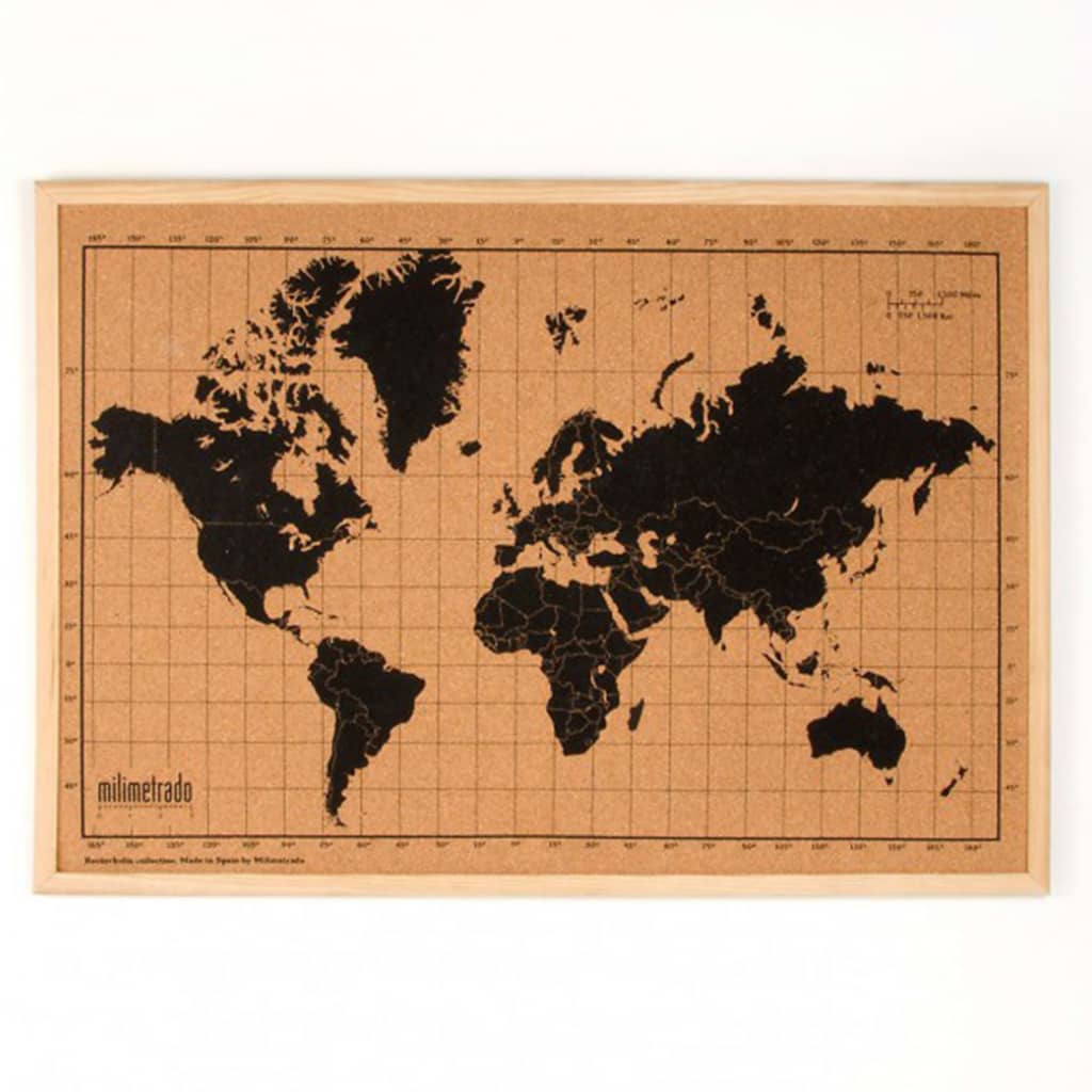 milimetrado Korková tabule s mapou světa  s dřevěným rámem, černá a hnědá, 70x50 cm