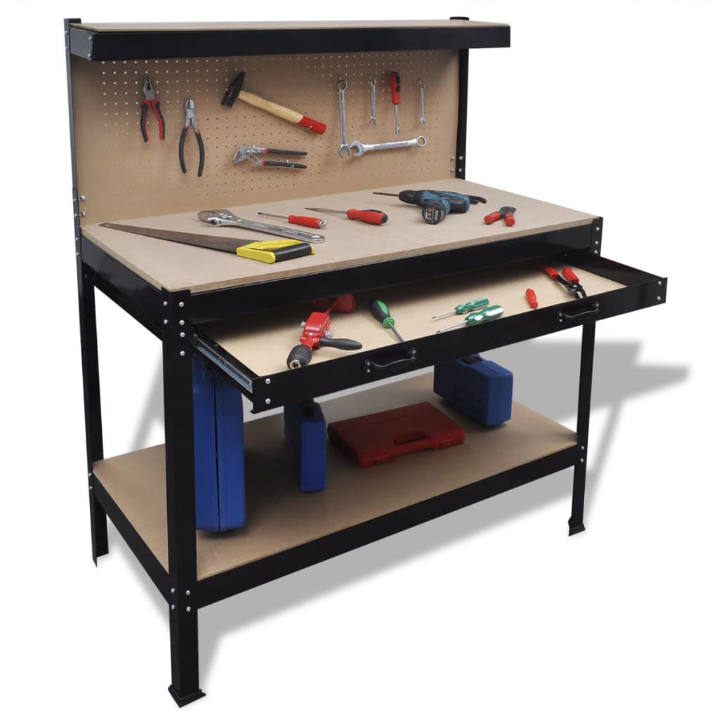 vidaXL Garage Steel Work Bench Shelves Workshop Rack Pegboard Drawer 12