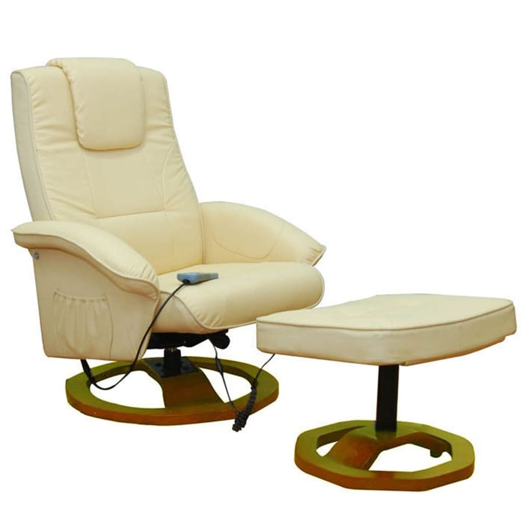 Cream Electric Massage Chair Artificial Leather Recliner W/ Ottoman